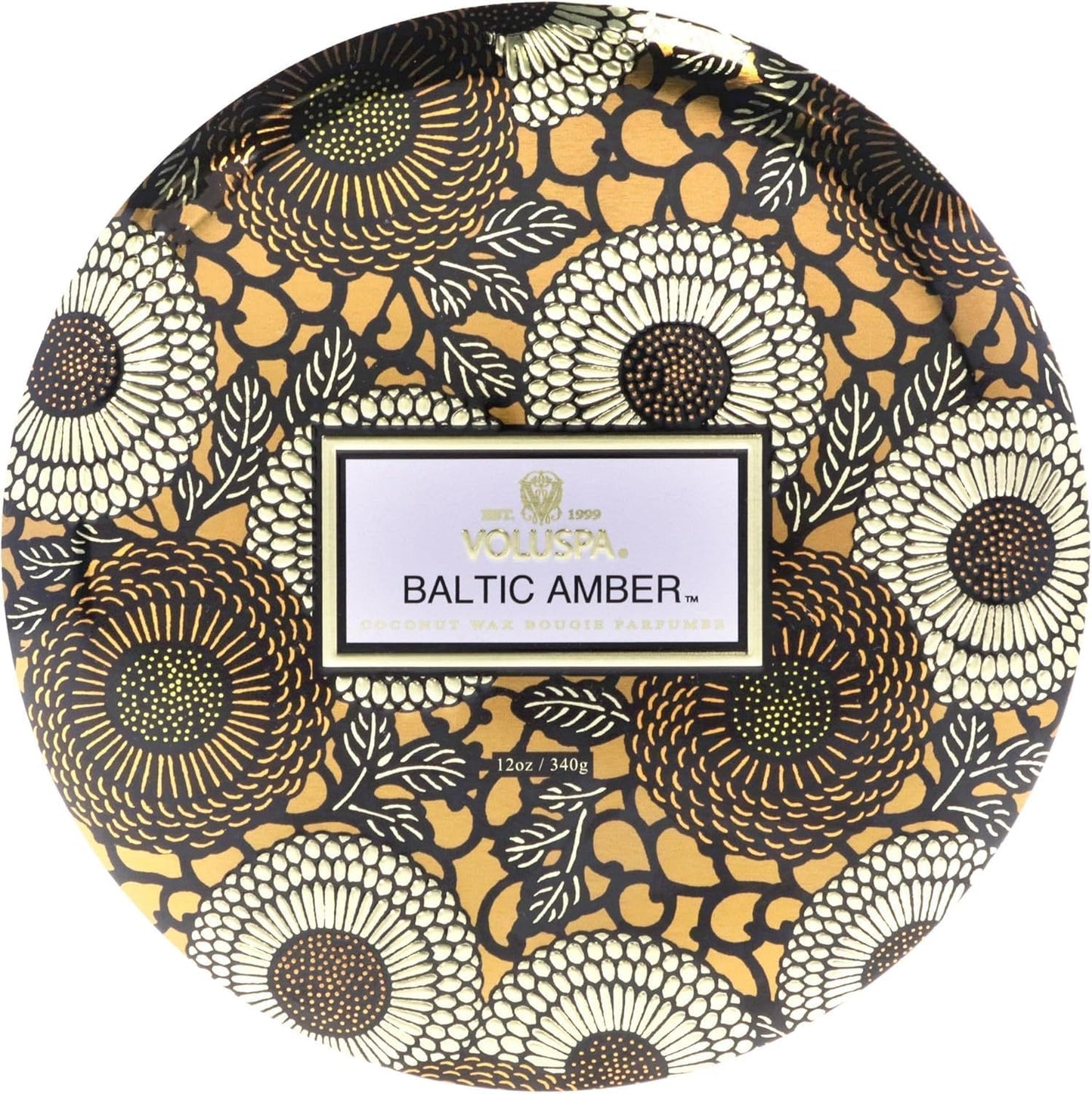 Voluspa Baltic Amber, Tin Candle 3 Wick Tin Candle, 12 oz, 40 Hours Burn Time, Coconut Wax for Clean Burning, Handcrafted in the USA