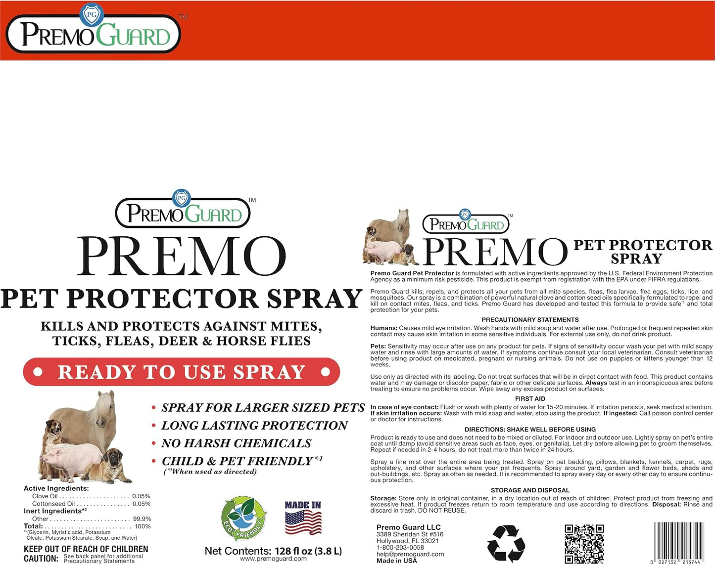 Premo Guard Pet Protector Spray - 128 oz - Kills Mites, Fleas, Ticks, & Mosquitoes - for Dogs, Cats, & Home - Natural Plant Based Oils for Control, Prevention & Treatment - Family Safe