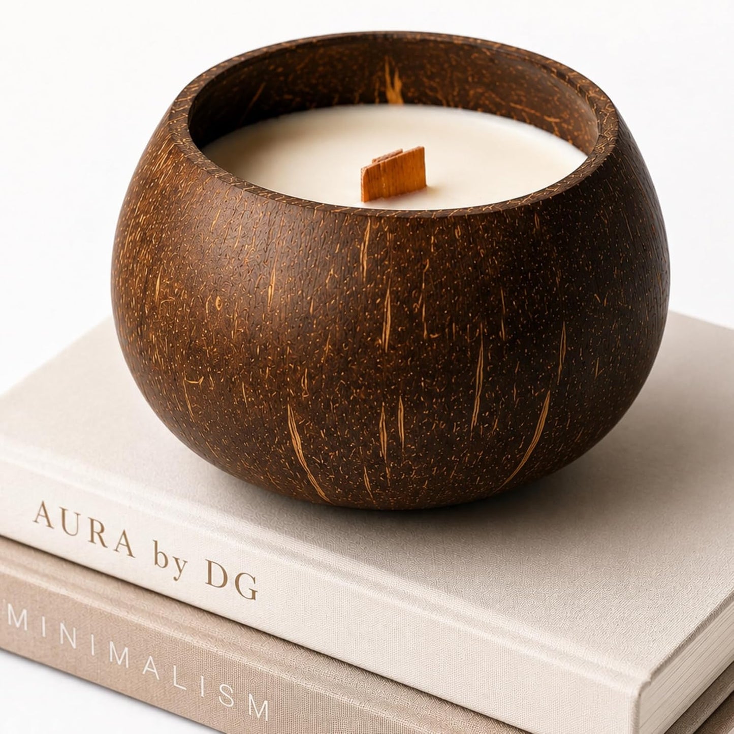 Coconut Soy Candle in Natural Coconut Bowl Wooden Wick – AURA by DG (Norway Forest)