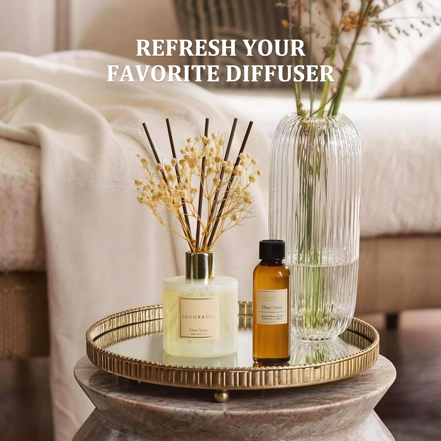 COCORRÍNA Reed Diffuser Refill Set, 10.2oz Scented Oil Refill 3 Pack, Sandalwood Rose, Cherry Blossom, Wild Mint & Eucalyptus, Long Lasting Oil Diffuser Refill with18 Sticks for Bathroom & Bedroom