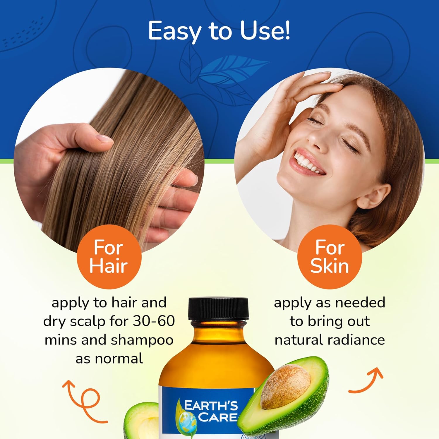 Earth’s Care Avocado Oil - Avocado Oil for Hair and Skin with Vitamin E, Glass Bottle, 8 FL. OZ.