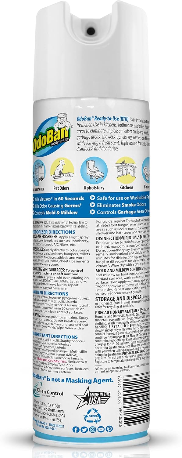 OdoBan Ready-to-Use Disinfectant and Harsh Aroma Eliminator, Cleaner and Fabric/Air Freshener, Set of 2, 14.6 Ounce 360-Degree Continuous Spray and 32 Ounce Trigger Spray, Fresh Linen Scent