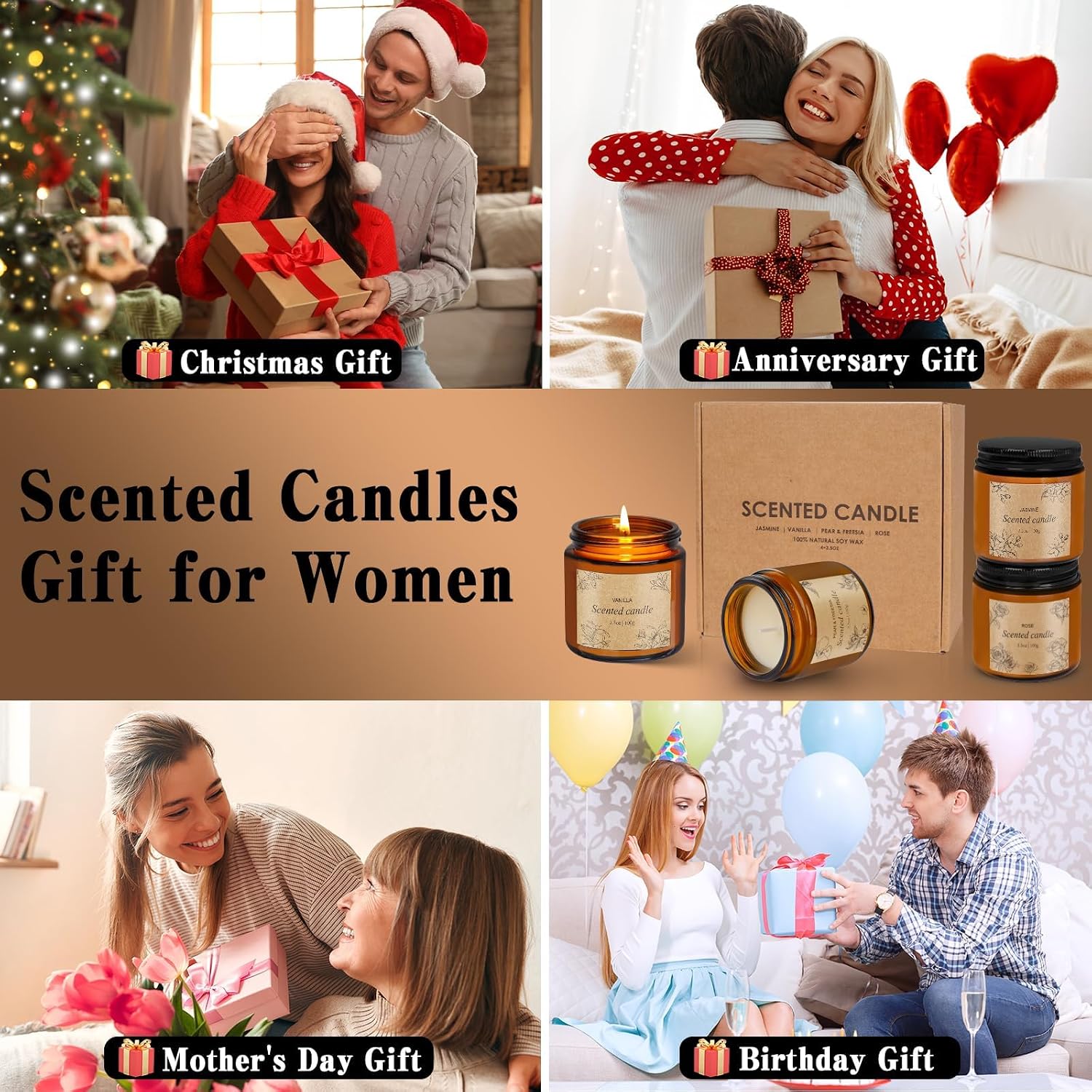 4 Packs Candles for Home Scented, Scented Candles Gifts for Women, Natural Soy Wax Amber Jar Candle, Long Lasting Aromatherapy Candle Gift Set for Birthday Valentine's Day Mother's Day