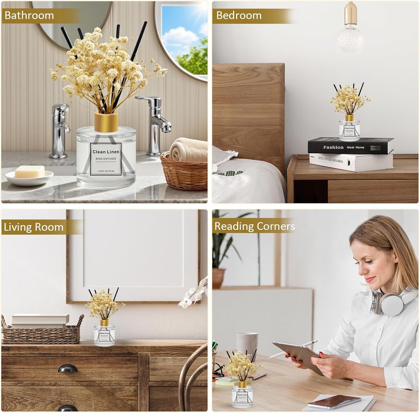 Reed Diffuser Set of 3 Pack,Scented Oil Diffuser with 4 Sticks,Reed Diffusers for Home,Living Room,Bathroom Air Freshener Diffuser,50ml x 3 (Clean Linen/Eucalyptus & Mint/Ocean)