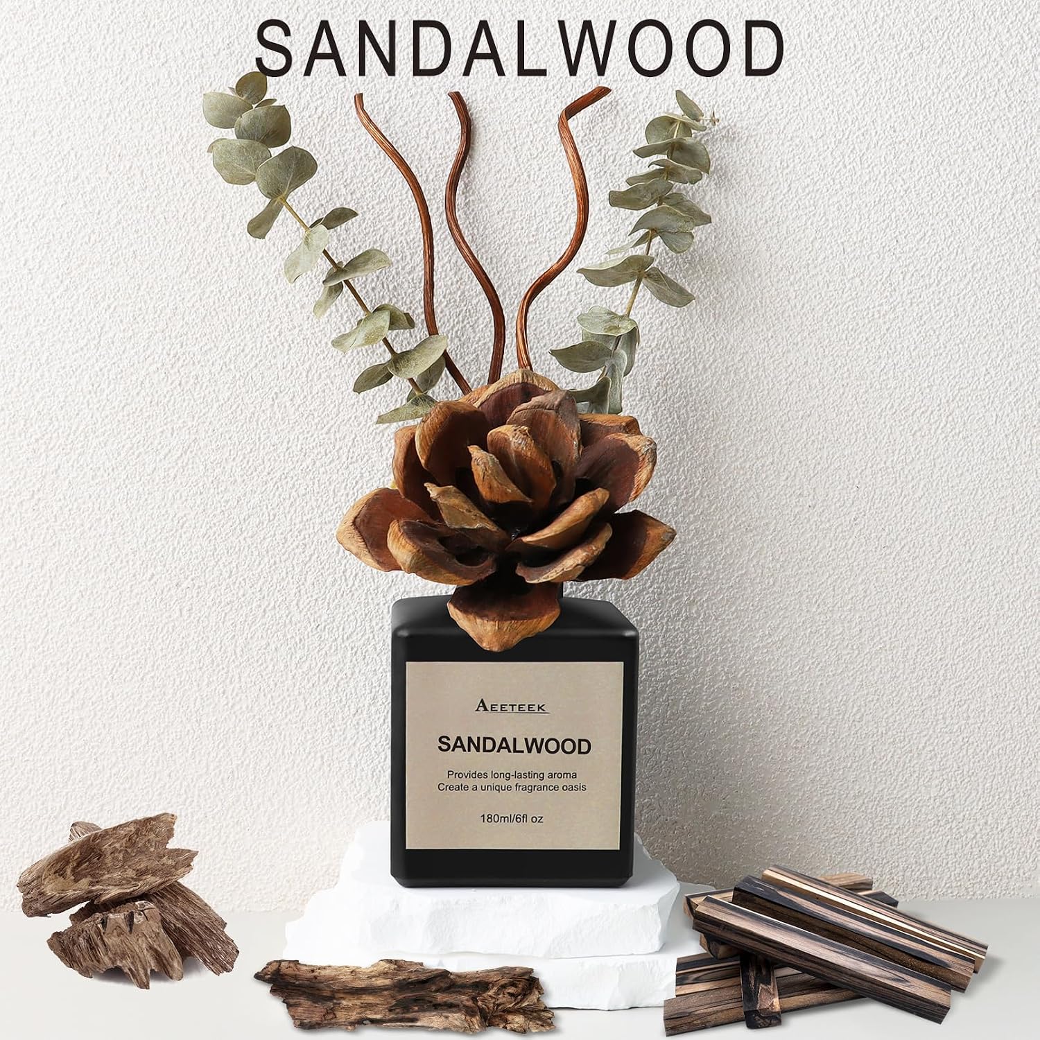 Reed Diffuser Set, Sandalwood & Cedarwood Scented Oil with Dried Flowers, 6.09 Fl Oz(180ml) Long Lasting Air Freshener with Diffuser Sticks, Home Fragrance for Bathroom Decor