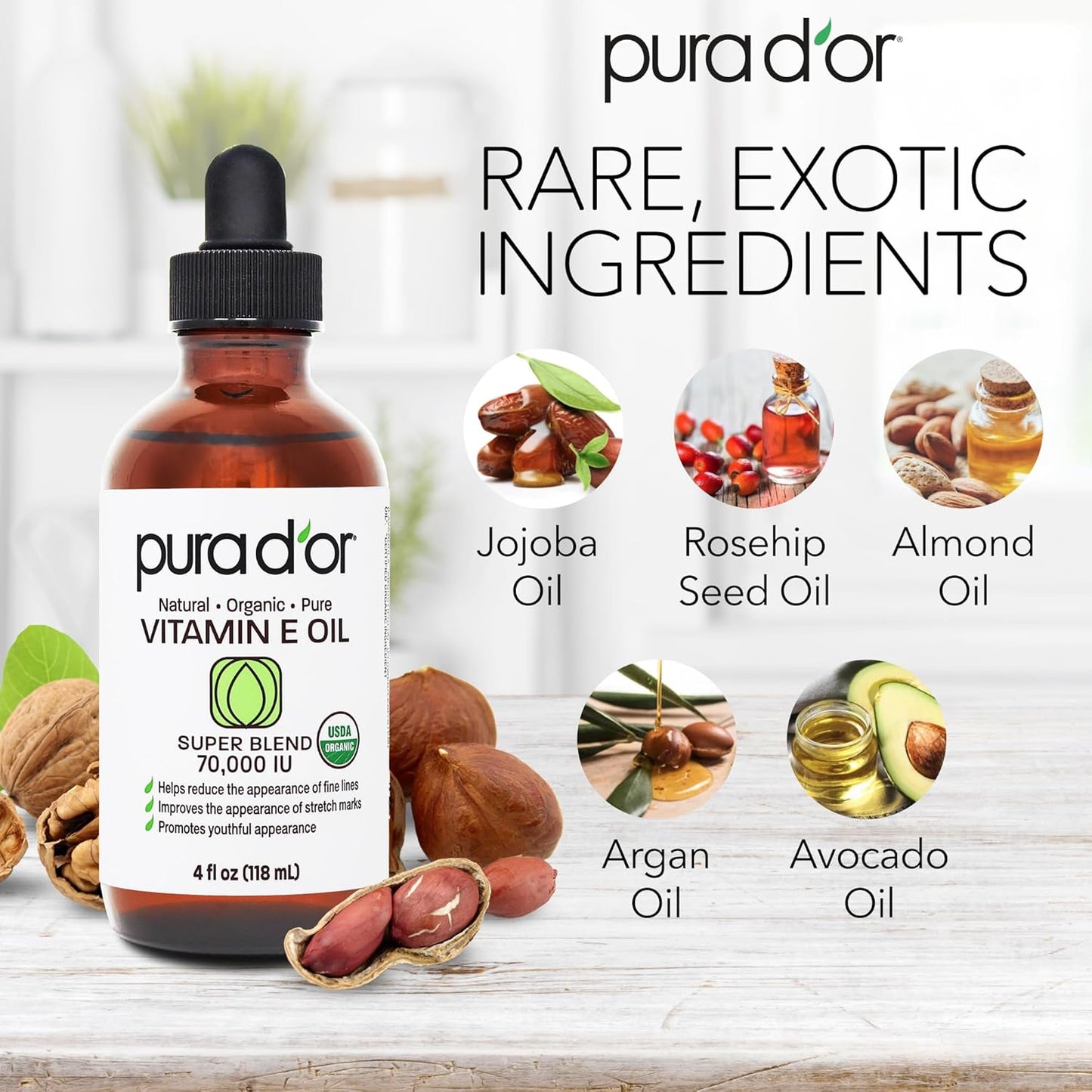 PURA D'OR 4 Oz Organic Vitamin E Oil 70,000 IU, USDA Certified Ayurvedic Skin Care, Face, Body w/Argan, Jojoba, Rosehip, Apricot, Almond & Avocado, Lightweight Moisturizer for Soft, Smooth Skin