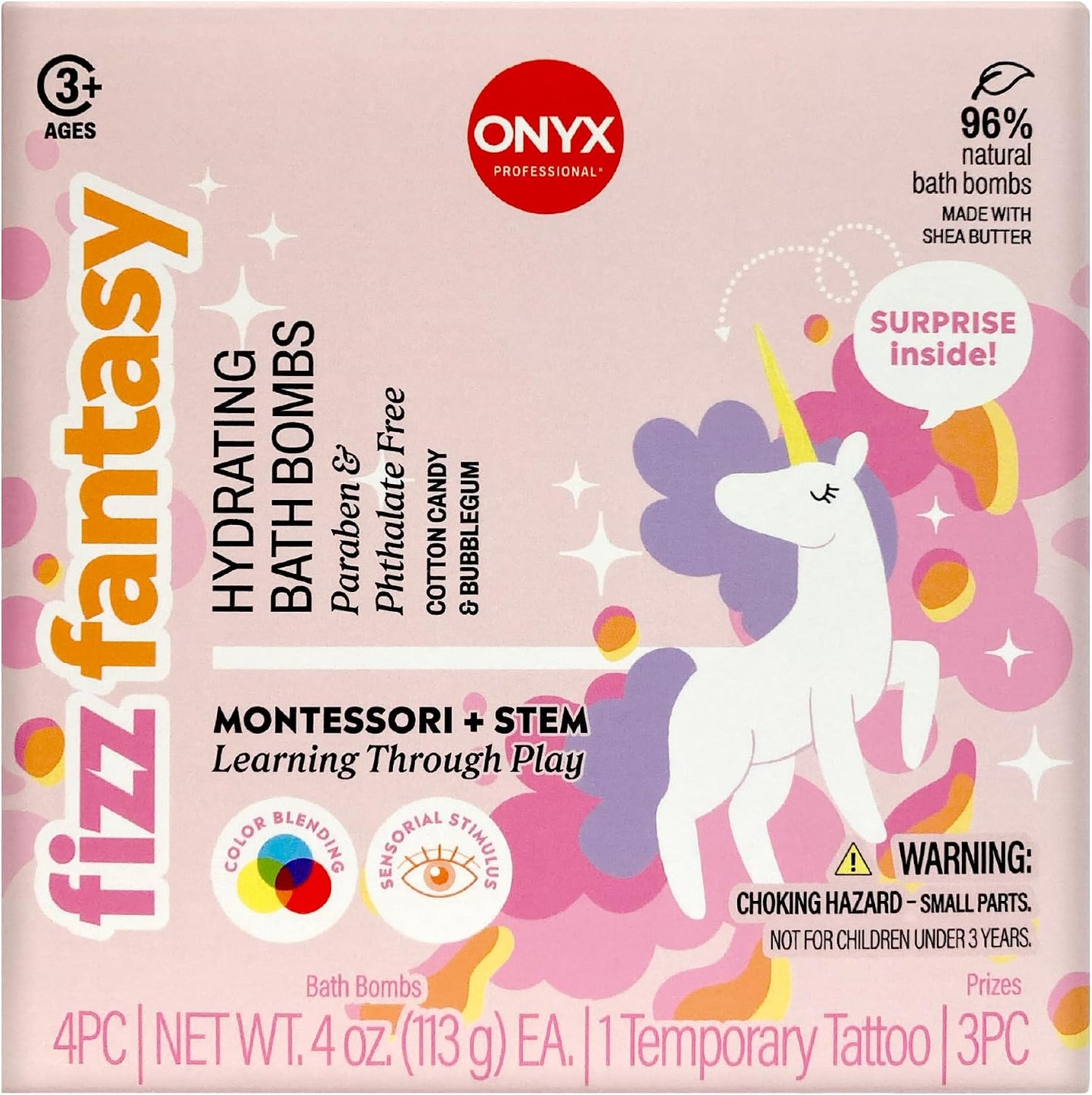 ONYX Professional Fizz Fantasy Unicorn Bath Bombs for Kids, Cotton Candy Scented | Bath Bombs with Surprise Toy or Tattoo | Fun Bath Bomb for Kids and Bath Time Gifts, 4 Count