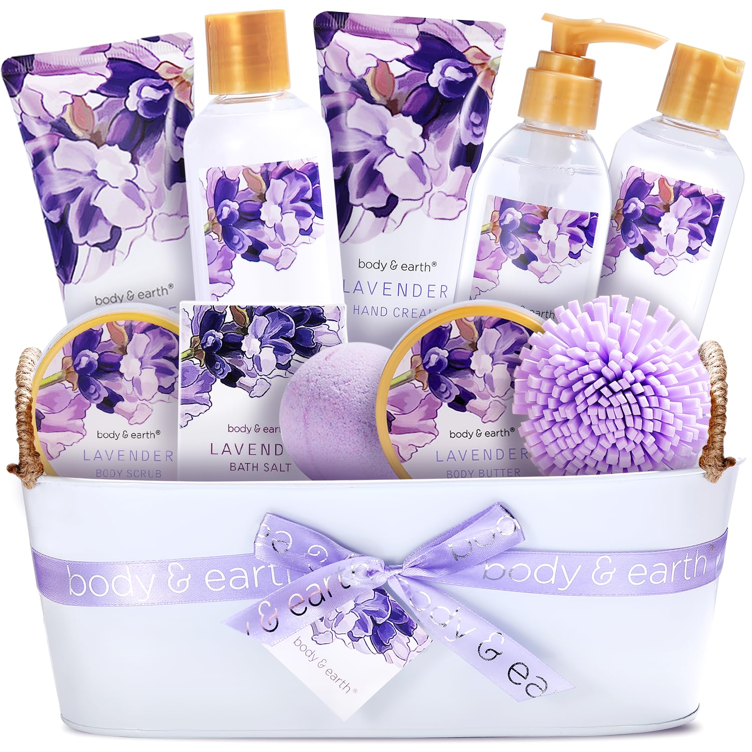 BODY & EARTH Lavender Spa Gift Baskets for Women Luxurious Gifts for Women Bath and Body Gift Sets 11pcs Bath Sets for Women Gift Mother's Day Gifts