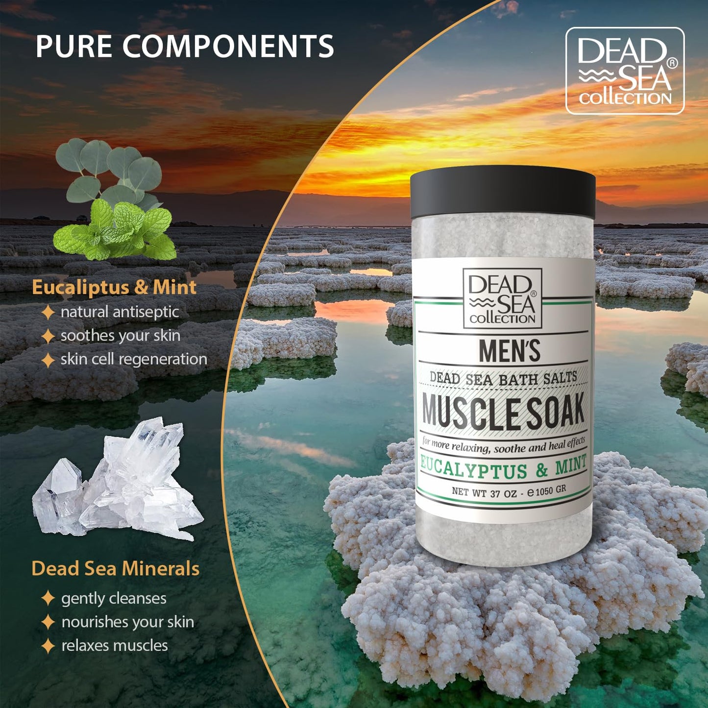 Dead Sea Collection Bath Salts for Men with Eucalyptus & Mint Oils - Muscle Recovery Bath Soak – Mens Pure Dead Sea Salt for Soothing and Relaxing - 37 Oz