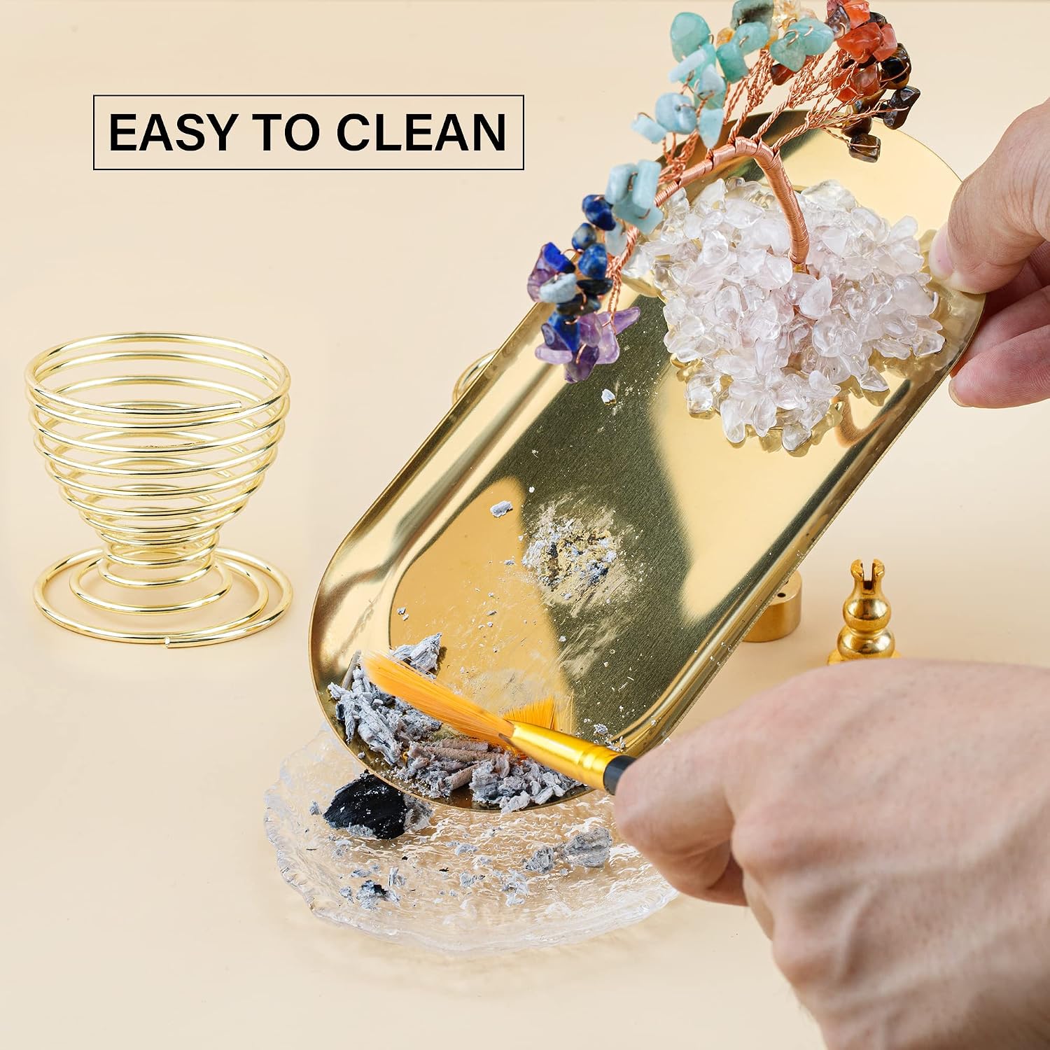 ZenBless 7 Chakra Healing Crystal Tree Incense Holder Palo Santo Sage Burner Brass Ash Catcher for Incense Sticks Coil Cones Yoga Meditation Zen Spiritual Room Home Decoration (Oval)