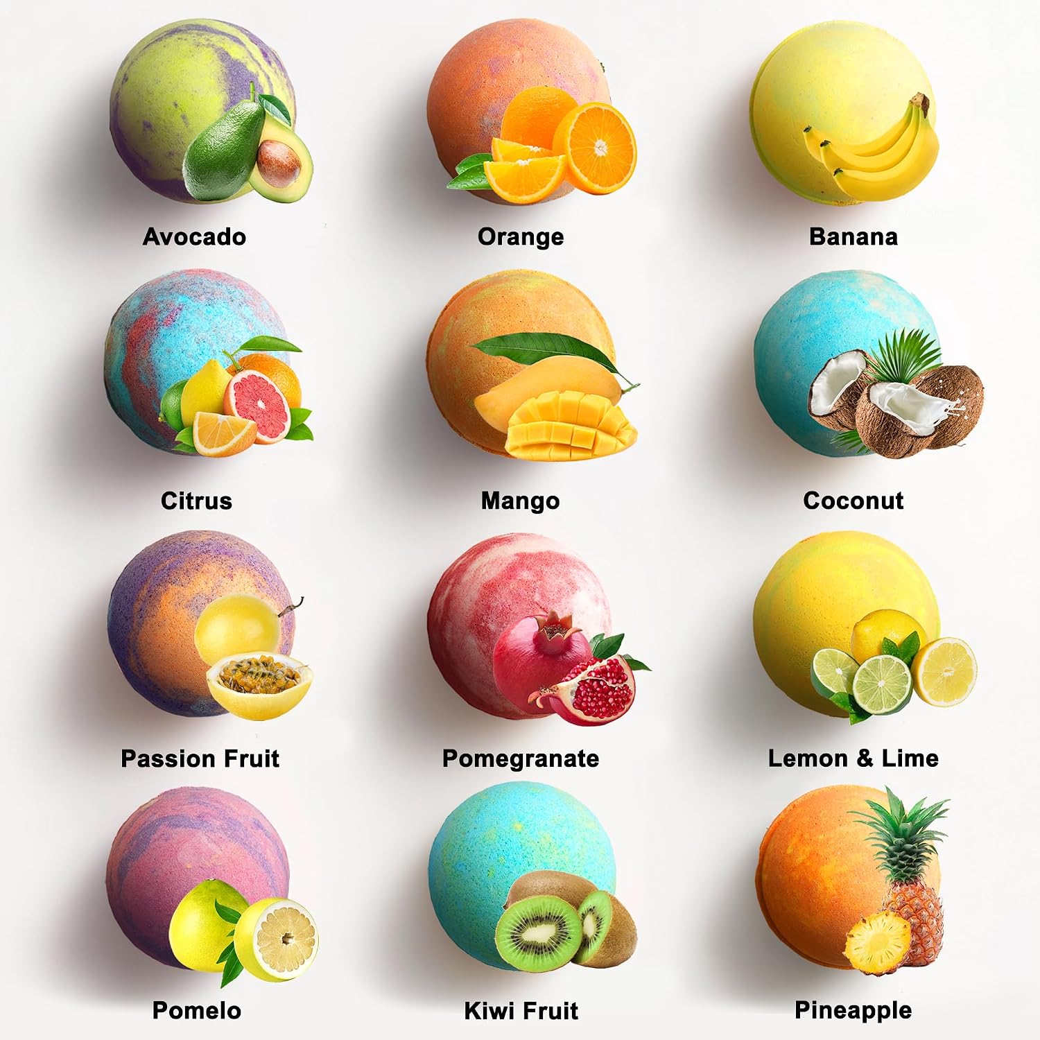 Aqua Elegante Tropical Fruit Bath Fizzies Set - 12 Large Bubble Bathbombs with Natural Essential Oils and Moisturizing Shea Butter + Coconut Oil in Fruity Scents - Vegan Baths Bomb Gifts for Women