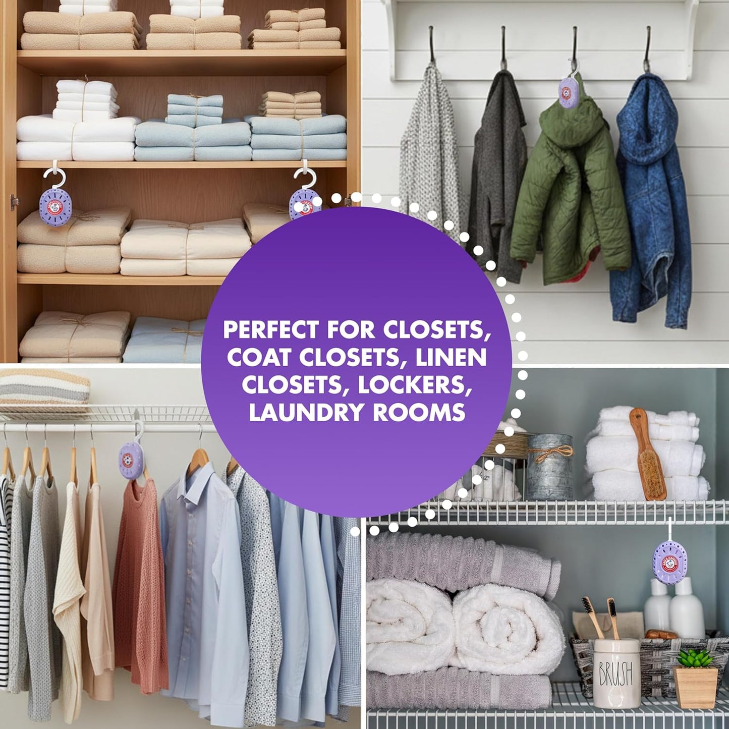 Arm & Hammer OdorBusterz ClosetMATE™, Lavender, 4 Count – Hanging Odor Absorber with Baking Soda, 360° Rotating Hook for Closets, Lockers & Storage Areas