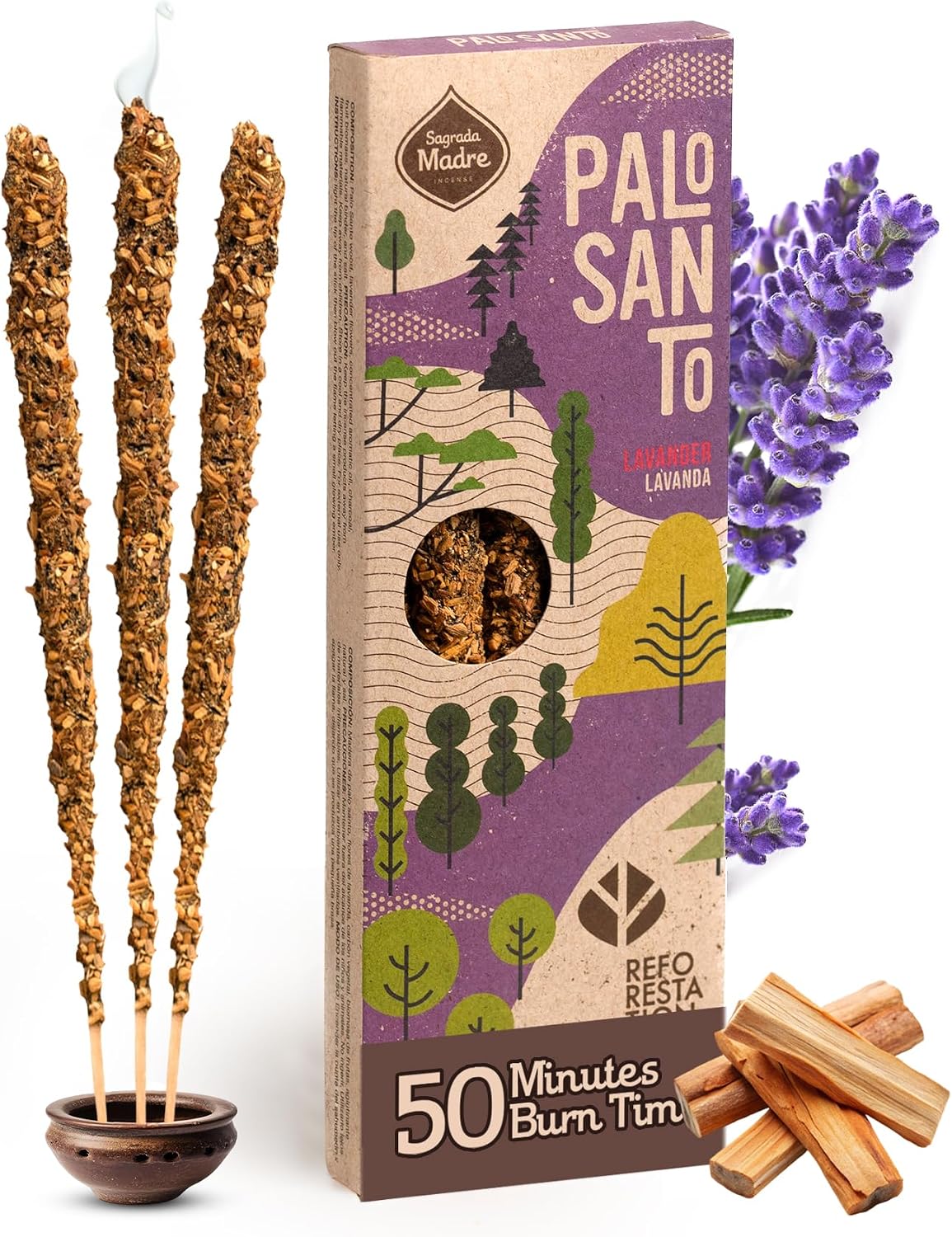 Sagrada Madre 4pcs Wildly Harvested Palo Santo Incense Sticks (Lavender), 6.7” Long - Non-Toxic, Aromatic Incense Sticks (50 min Approx. Burning Time) to Heal & Calm Your Body and Environment