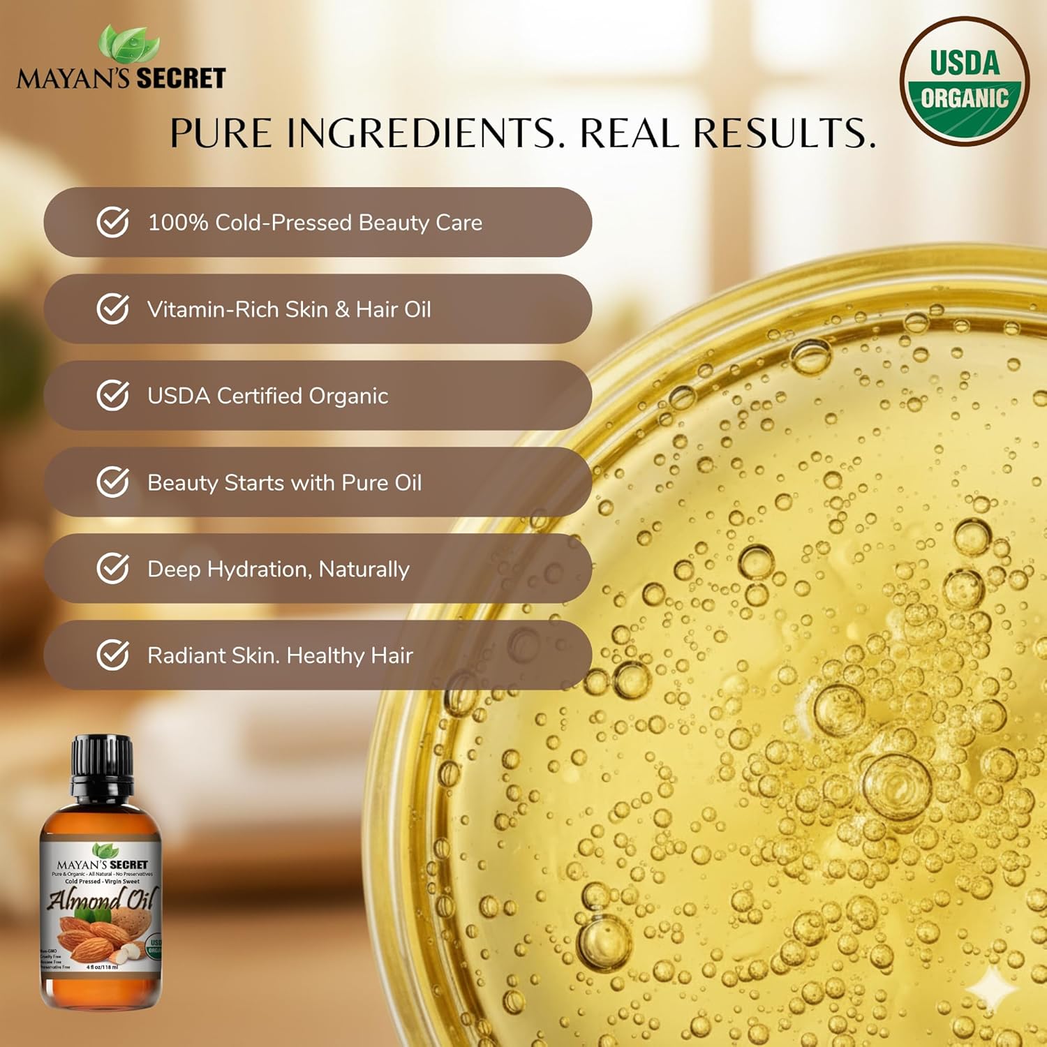 Mayan's Secret - 100% Organic Sweet Almond Oil for Skin Hair, Face - Cold Pressed Pure Almond Essential Oil (4 fl. oz.)