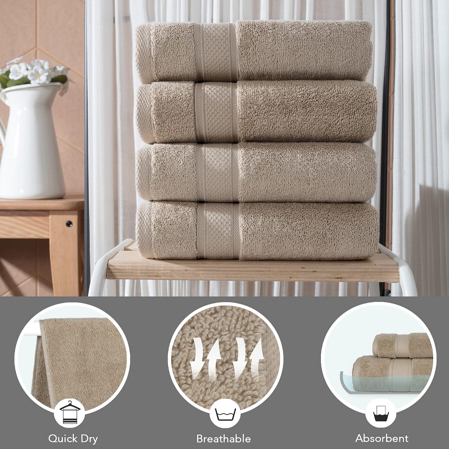 NOVA Luxury Linen - Hotel Quality Turkish Towel Set for Bathroom (4 Pcs Hand Towel Set, Warmsand Beige)