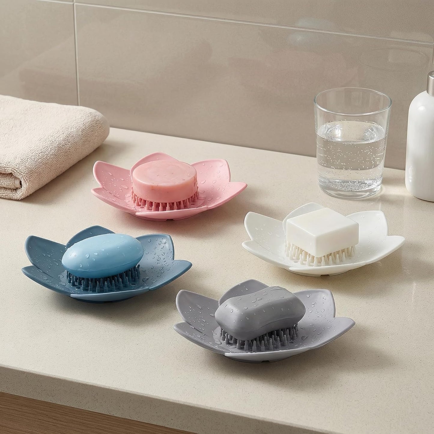 4 Pack Lotus Shower Steamer Trays, Silicone Soap Holder with Self Draining - Elegant Mixed Colors Lotus Flower Shape Soap Dish, Perfect for Bathroom Counter, Kitchen Sink, Shower Organizer