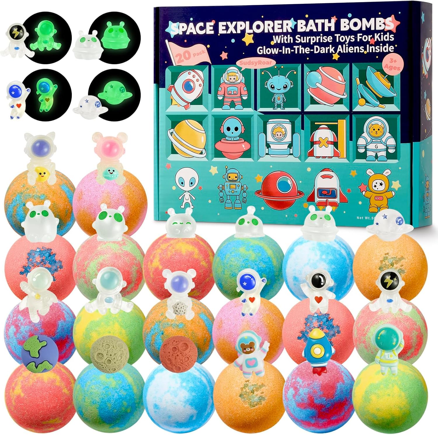 20 Pack Galaxy Bath Bombs for Kids with Space Explorer Toys, Cosmic Adventure Kids Bath Bombs with Astronauts, Rockets, Planets & Glow-in-The-Dark Aliens Inside,End-of-School Year Gifts