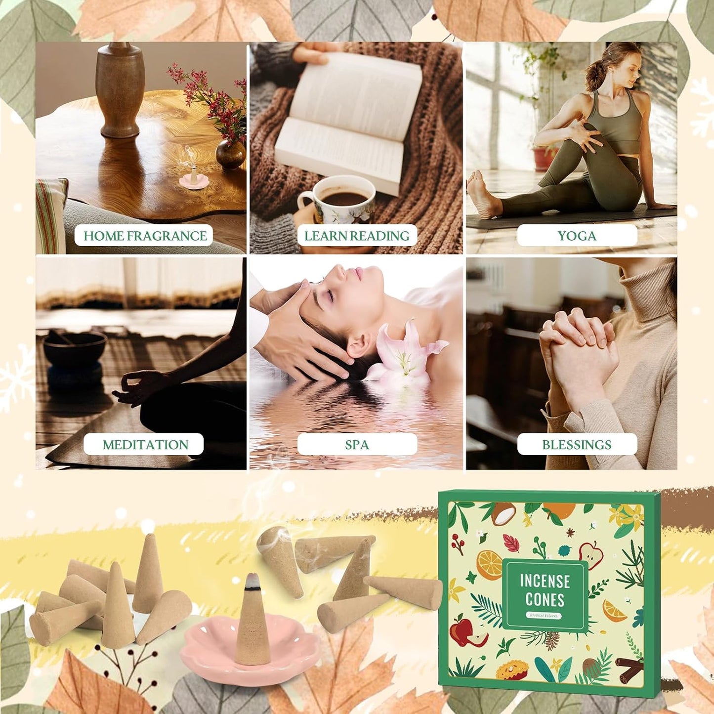 SCENTORINI Incense Cones 120 Pcs, Scented Incense Cones with Holder, Apple & Cinmamon, Cedarwood, Coconut & Vanilla, Forest, Vanilla & Mint, Cinnamon, Citrus & Mint, Winter Sun, Apple Pie