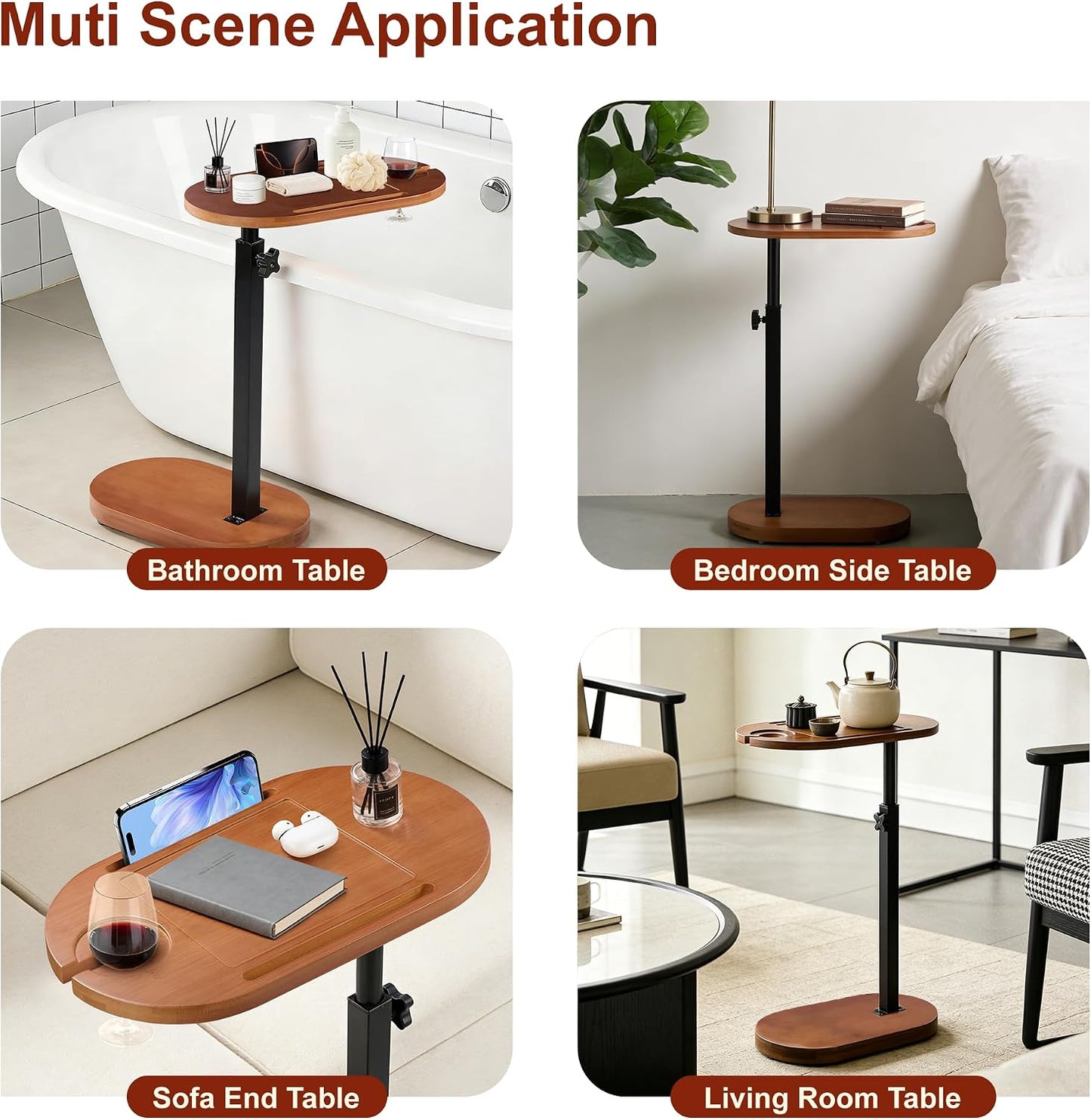 Bamboo Bathtub Side Table, 360° Swivel Height Adjustable Freestanding Bath Caddy Tray Organizer with 5 Storage, Luxury Home Spa Bathroom Essential (Walnut)