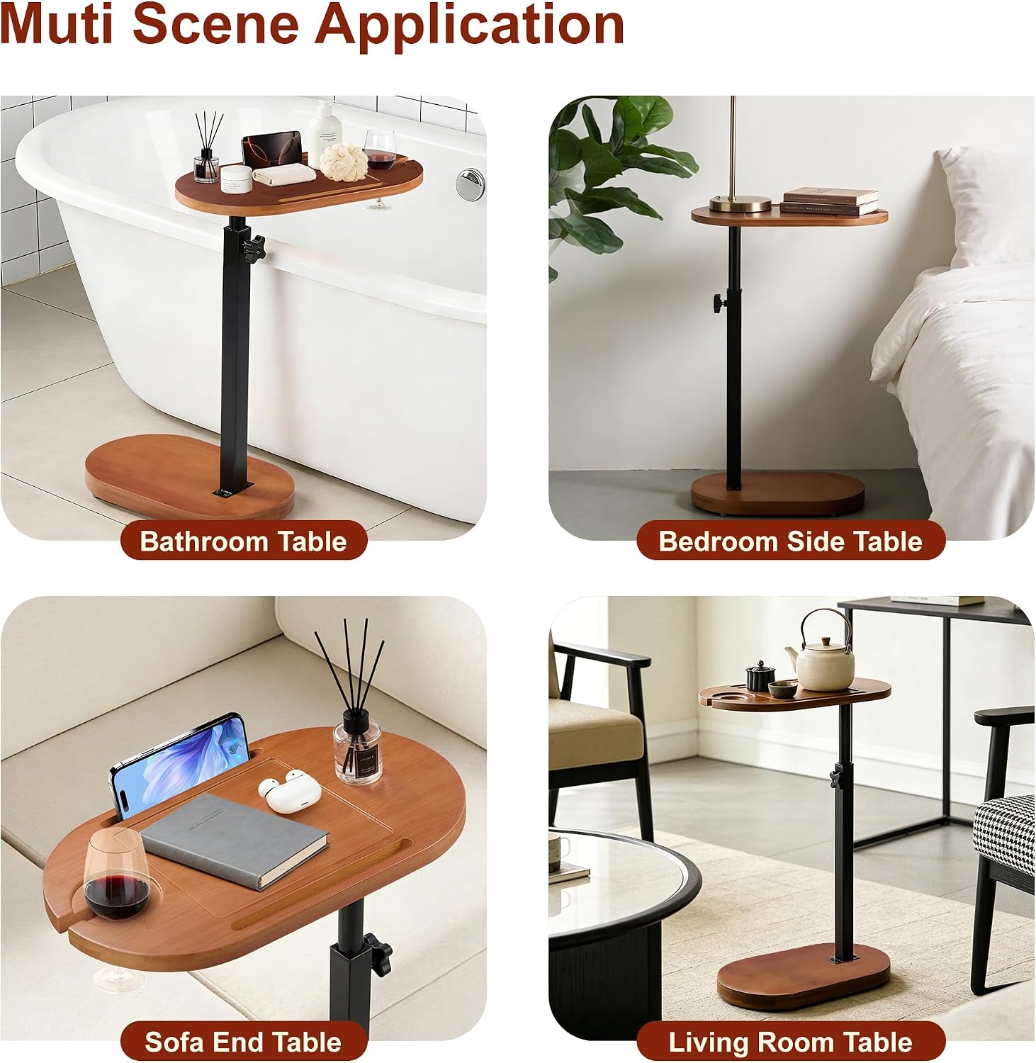 Bamboo Bathtub Side Table, 360° Swivel Height Adjustable Freestanding Bath Caddy Tray Organizer with 5 Storage, Luxury Home Spa Bathroom Essential (Walnut)
