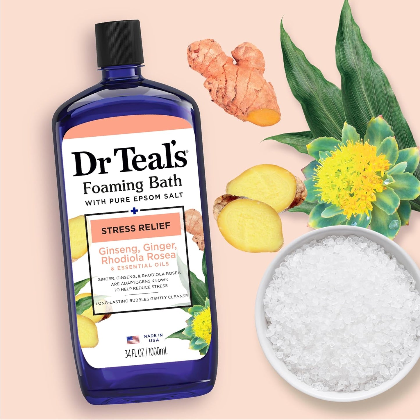 Dr Teal's Foaming Bath with Pure Epsom Salt, Stress Relief with Ginseng & Ginger, 34 fl oz (Pack of 4)