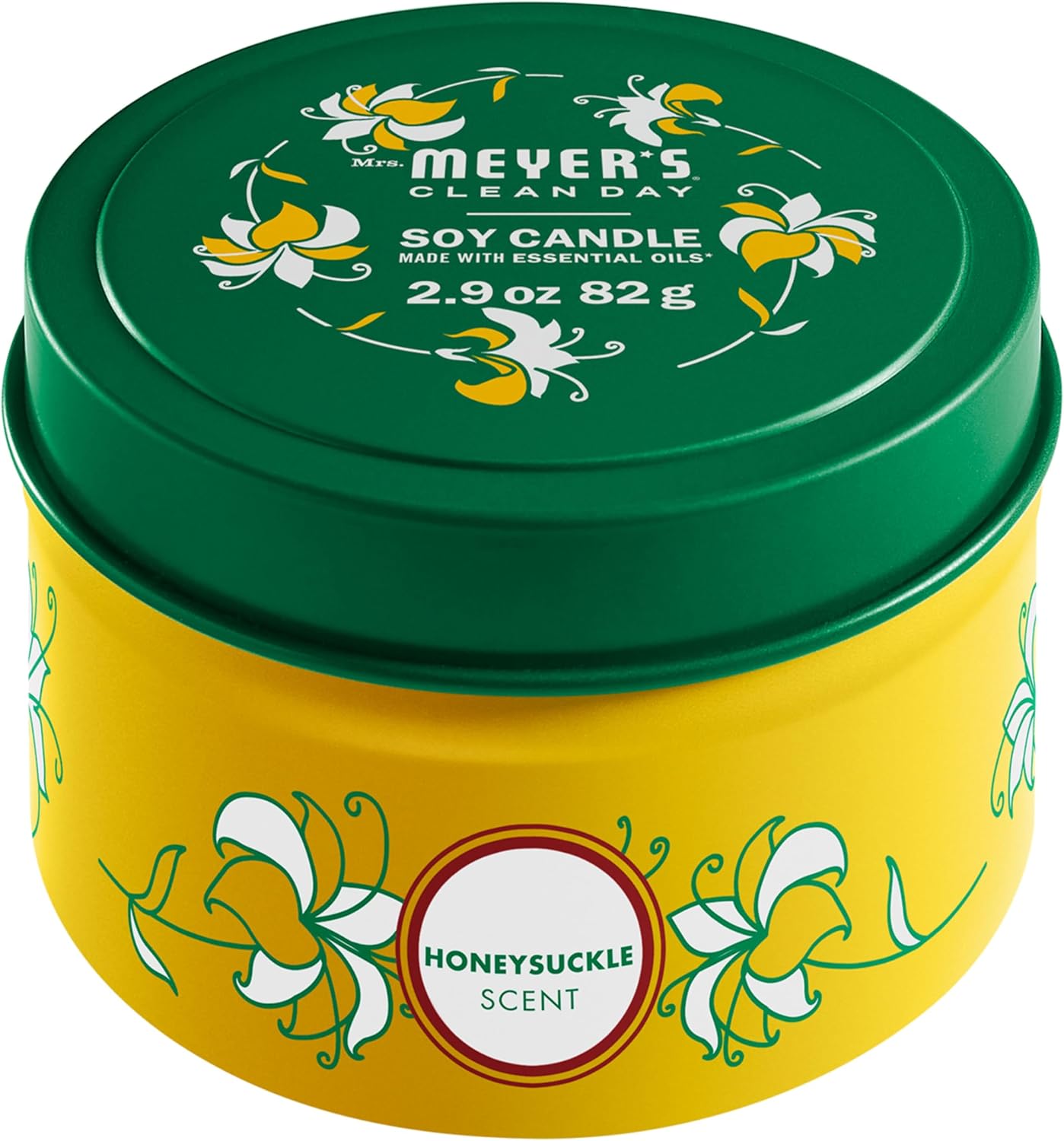 MRS. MEYER'S CLEAN DAY Soy Tin Candle, 12 Hour Burn Time, Made with Soy Wax and Essential Oils, Honeysuckle, 2.9 oz