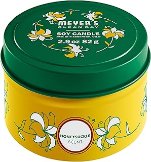 MRS. MEYER'S CLEAN DAY Soy Tin Candle, 12 Hour Burn Time, Made with Soy Wax and Essential Oils, Honeysuckle, 2.9 oz