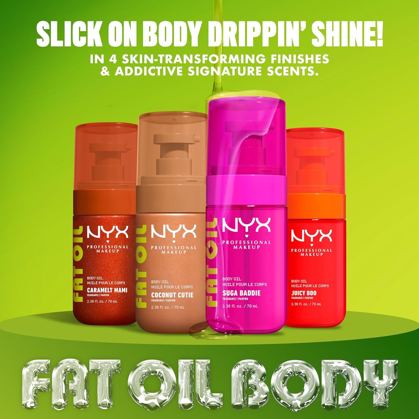NYX PROFESSIONAL MAKEUP Fat Oil Body Oil in Coconut Cutie, Coconut Scented Body Glow Moisturizer With Vitamin E for 24HR Hydration and Glowing Skin, Golden Finish, Vegan & Cruelty-Free