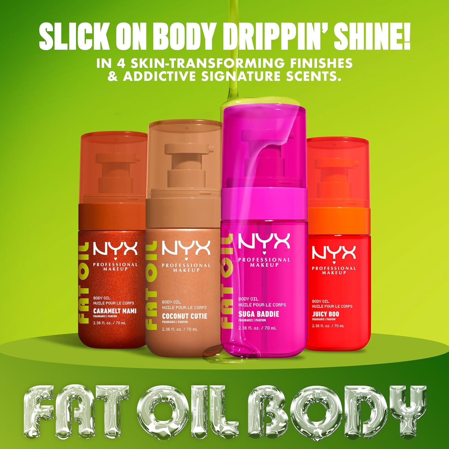 NYX PROFESSIONAL MAKEUP Fat Oil Body Oil in Coconut Cutie, Coconut Scented Body Glow Moisturizer With Vitamin E for 24HR Hydration and Glowing Skin, Golden Finish, Vegan & Cruelty-Free