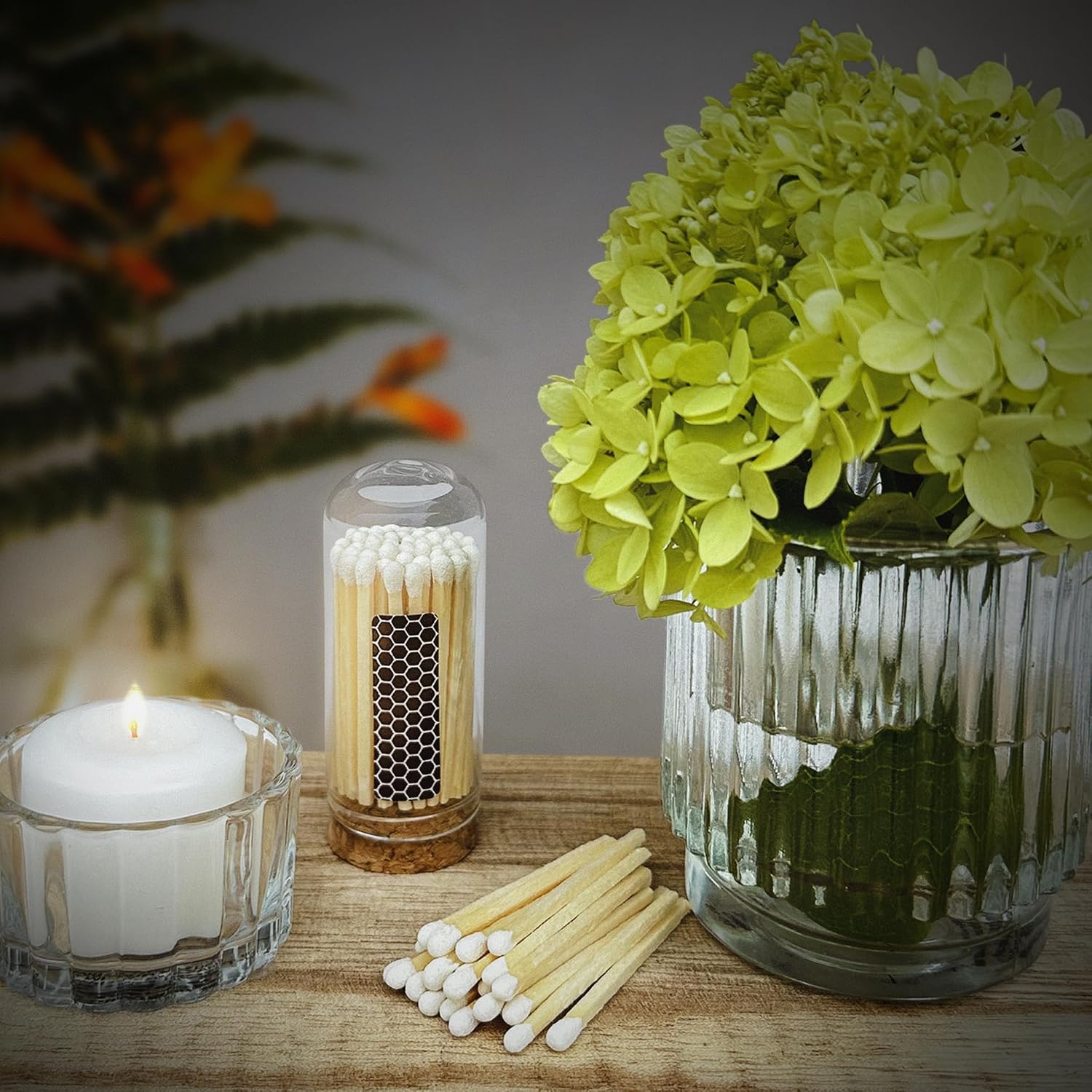 2" Gray Tip Matches with 3 Mini Cloche Jar + Striker Stickers Included | 100 Stylish Decorative Matches with Small Cork Top Glass Holder | Gifts, Home Decor, & Candle Accessories by Thankful Greetings
