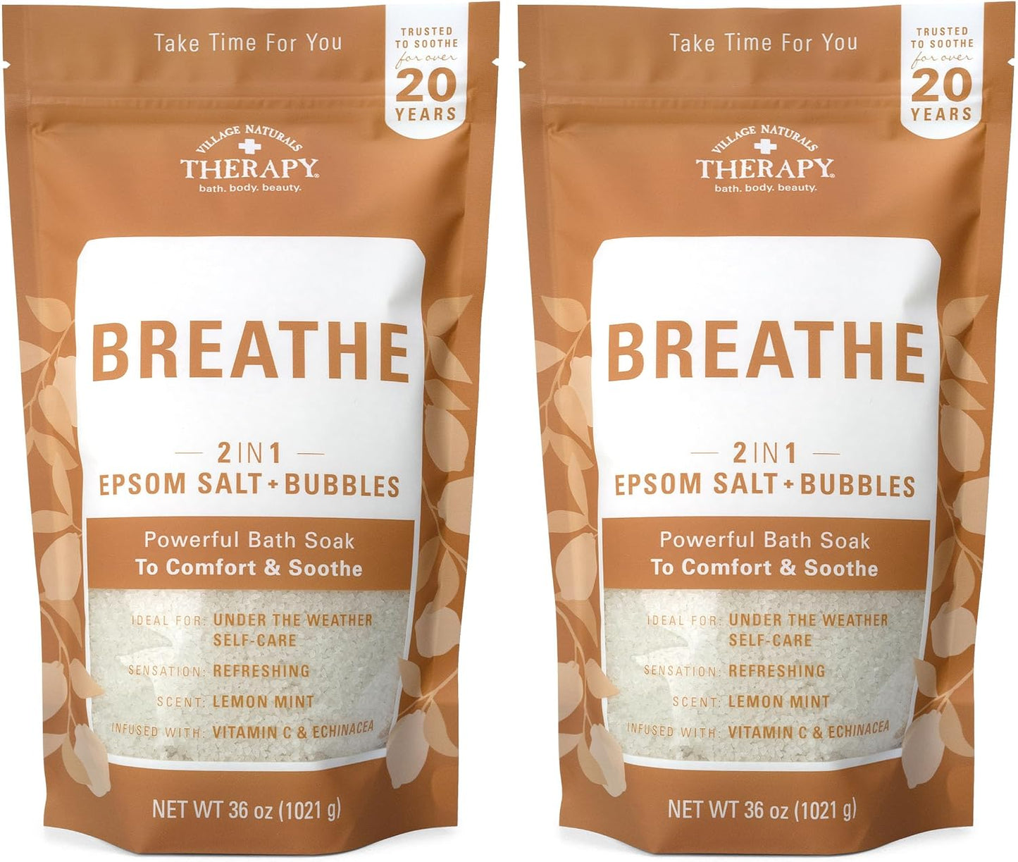 Village Naturals Breathe Foaming Body Soak, Epsom Salt, Essential Oils, Soothing Bubbles, Sea Salt 36 oz, Pack of 2