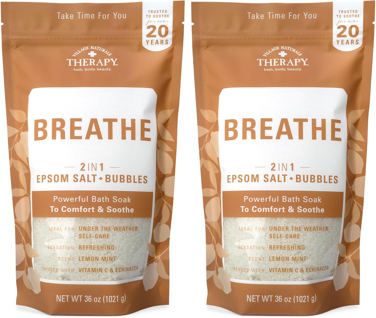 Village Naturals Breathe Foaming Body Soak, Epsom Salt, Essential Oils, Soothing Bubbles, Sea Salt 36 oz, Pack of 2