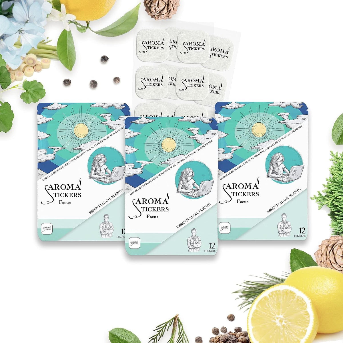 AROMA STICKERS® Original Blend Focus - 100% Natural Essential Oil Scented Sticker Diffuser - Aromatherapy for Personal Space