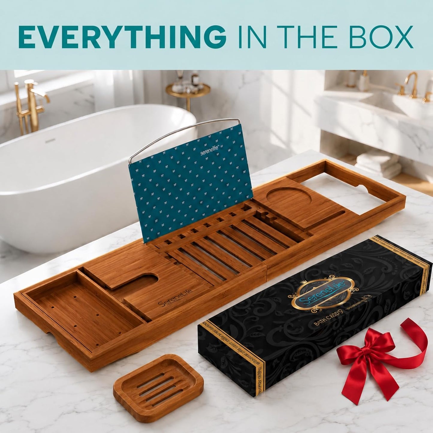 SereneLife Premium Bathtub Tray Caddy, Expandable Bath Tray, Unique House Warming Gifts, Gift for Mom, Women, New Home, Wedding, Anniversary, Bridal Shower, Universal Fit for All Tub - Brown, Gift Set
