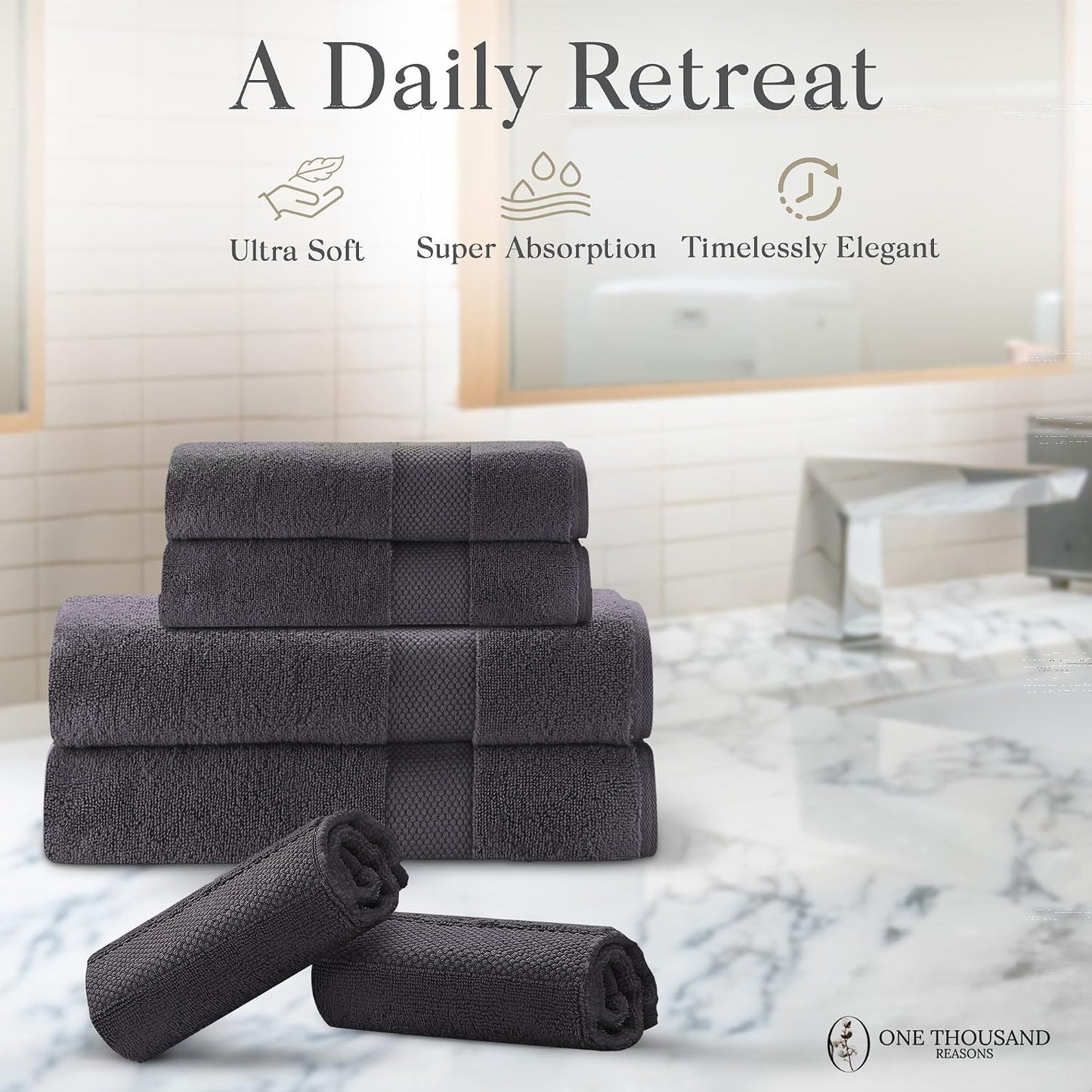 Premium Staple Cotton Bathroom Towel Set - Dark Gray 600 GSM 6-Piece Luxury Bath Towel Set 1 Stripe - 2 Bath Towels, 2 Hand Towels & 2 Washclothes Set - High Absorbent & Quick Dry for Gym, Spa, Hotel