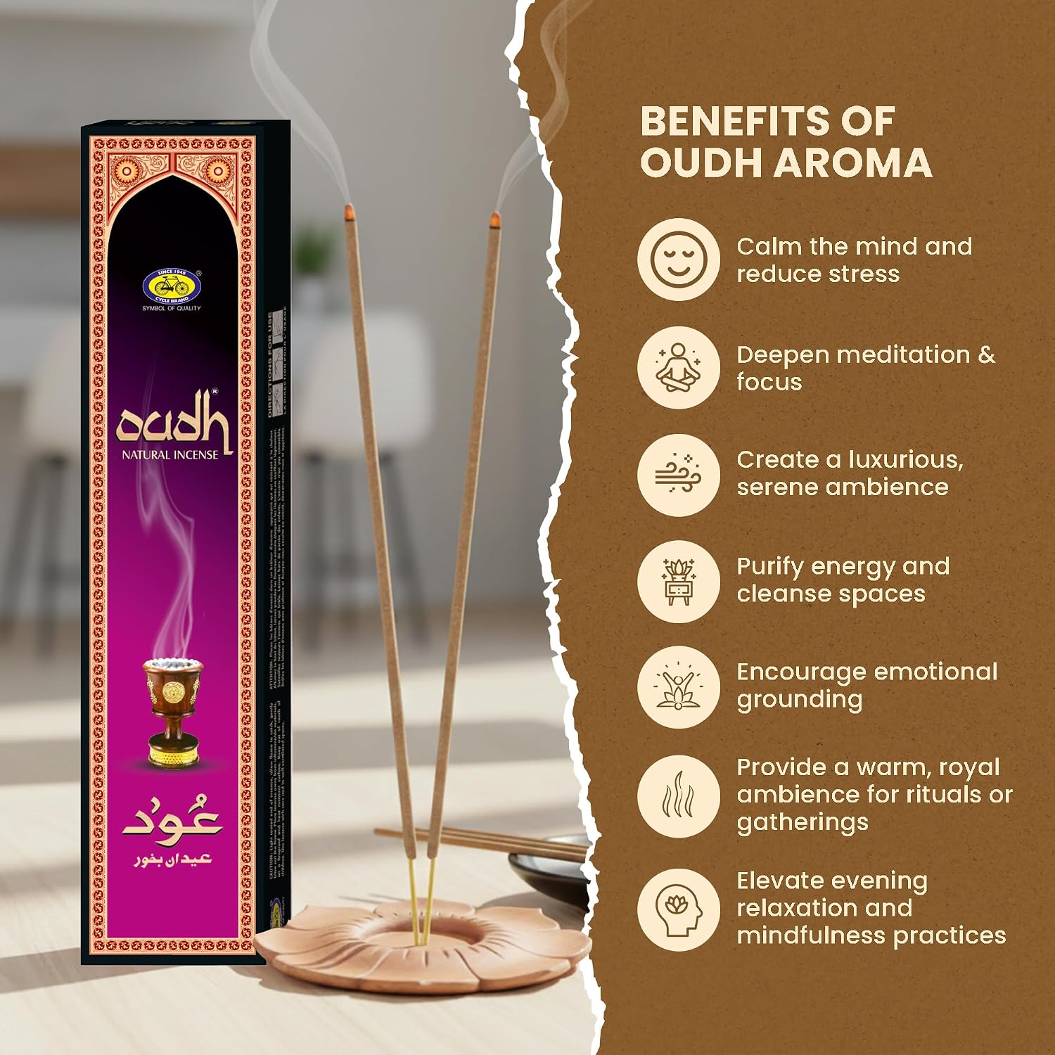 Cycle Oudh Incense Sticks – Premium Agarwood Incense for Daily Prayer & Deep Relaxation - 15 Agarbathi/Pack, 12 Packs/Box (9 Inch - 180 Oud Masala Incense Sticks) | 50 Minutes Burning Time