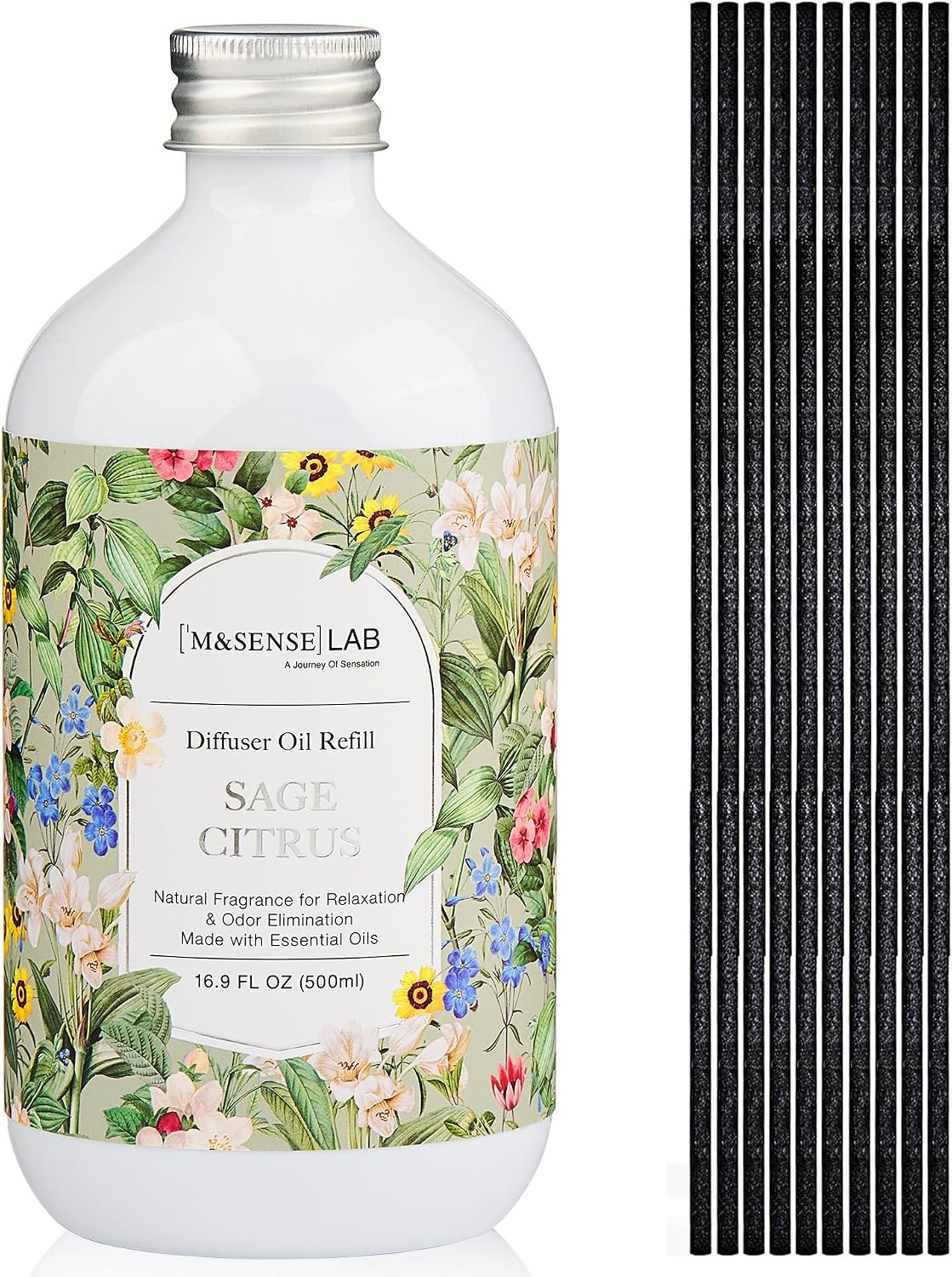 M&SENSE Reed Diffuser Oil Refill, 16.9oz (500ml) with 10 Hollow Reed Sticks, Sage Citrus Scent Home Fragrance, Scented Oil Refills, Natural Essential Oils for Diffusers, Décor for Home Spa & Office