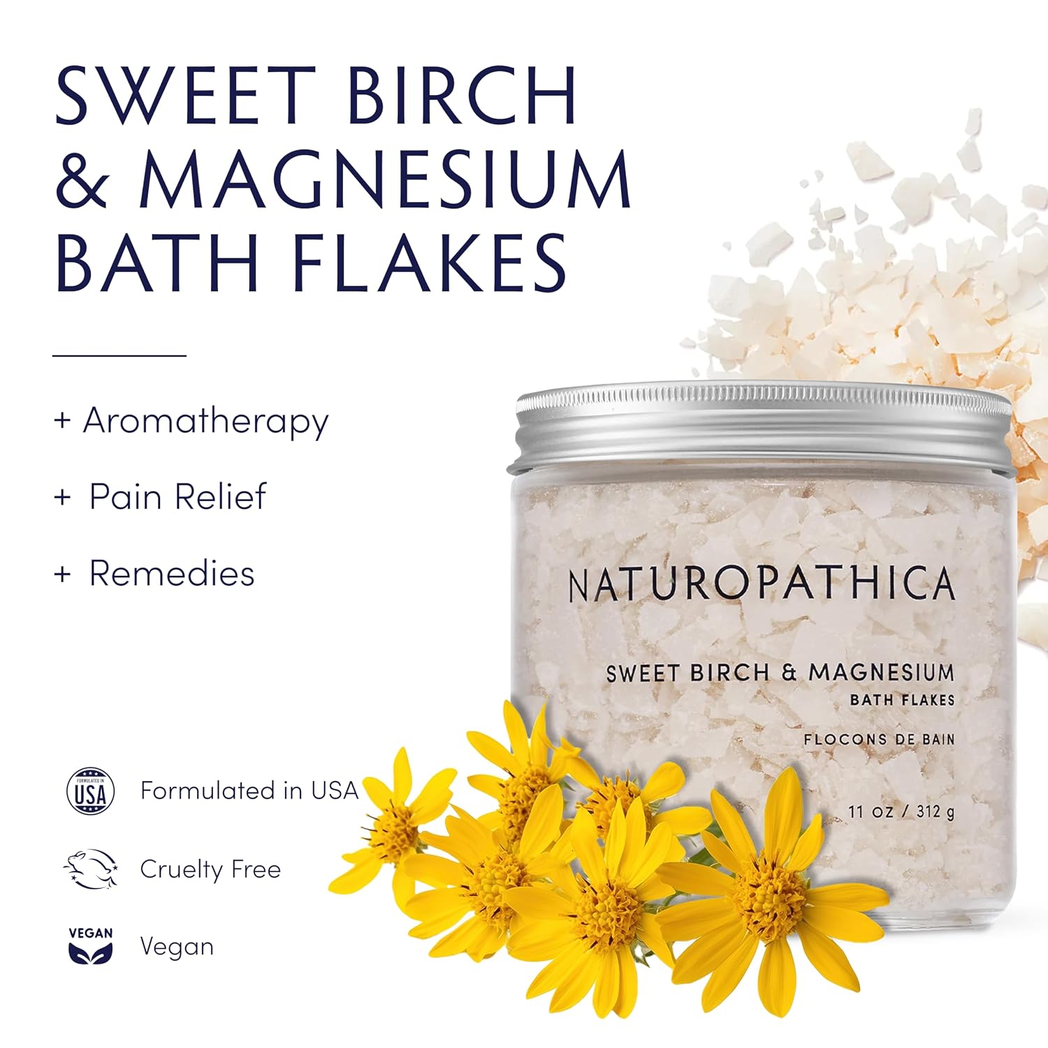 Naturopathica Sweet Birch and Magnesium Bath Flakes, Soothing Daily Bath Soak for Muscle Discomfort, Bathing Alternative to Epsom Salt, Relaxing Tension Relief Soak for Men and Women, 11 oz