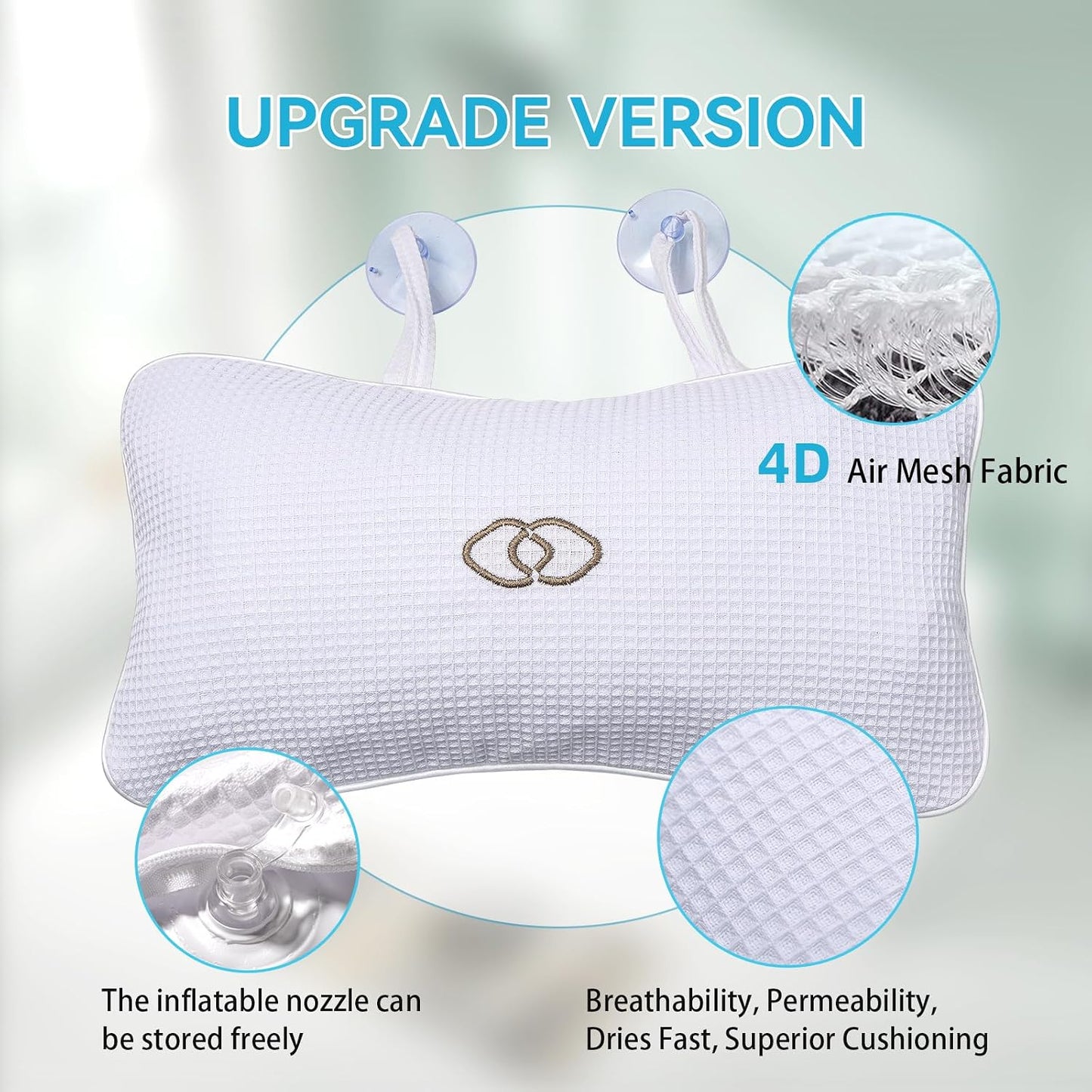 YUET Anti-Slip Non-Slip Bathtub Pillow Home Spa Bath Inflatable Cushion Head Neck Back Shoulders Rest Relax Suction Cup Bathroom Support for Hot Tub Luxurious Headrest