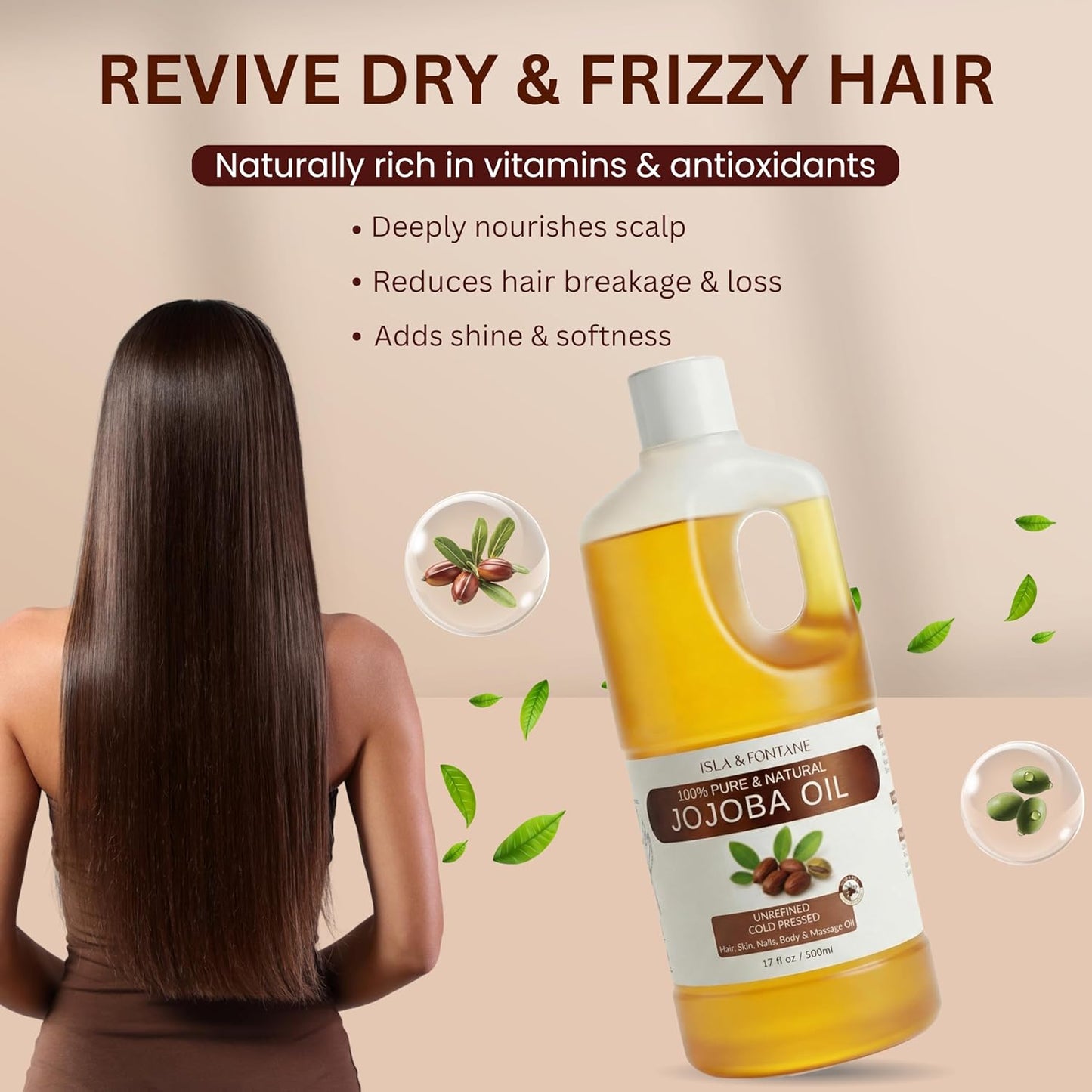 100% Pure & Natural Jojoba Oil 500ml/17.8 fl oz - Cold Pressed, Unrefined, Hexane Free Carrier Oil for Hair, Face, Body & Nails - Vegan, Non-GMO Moisturizer & Massage Oil