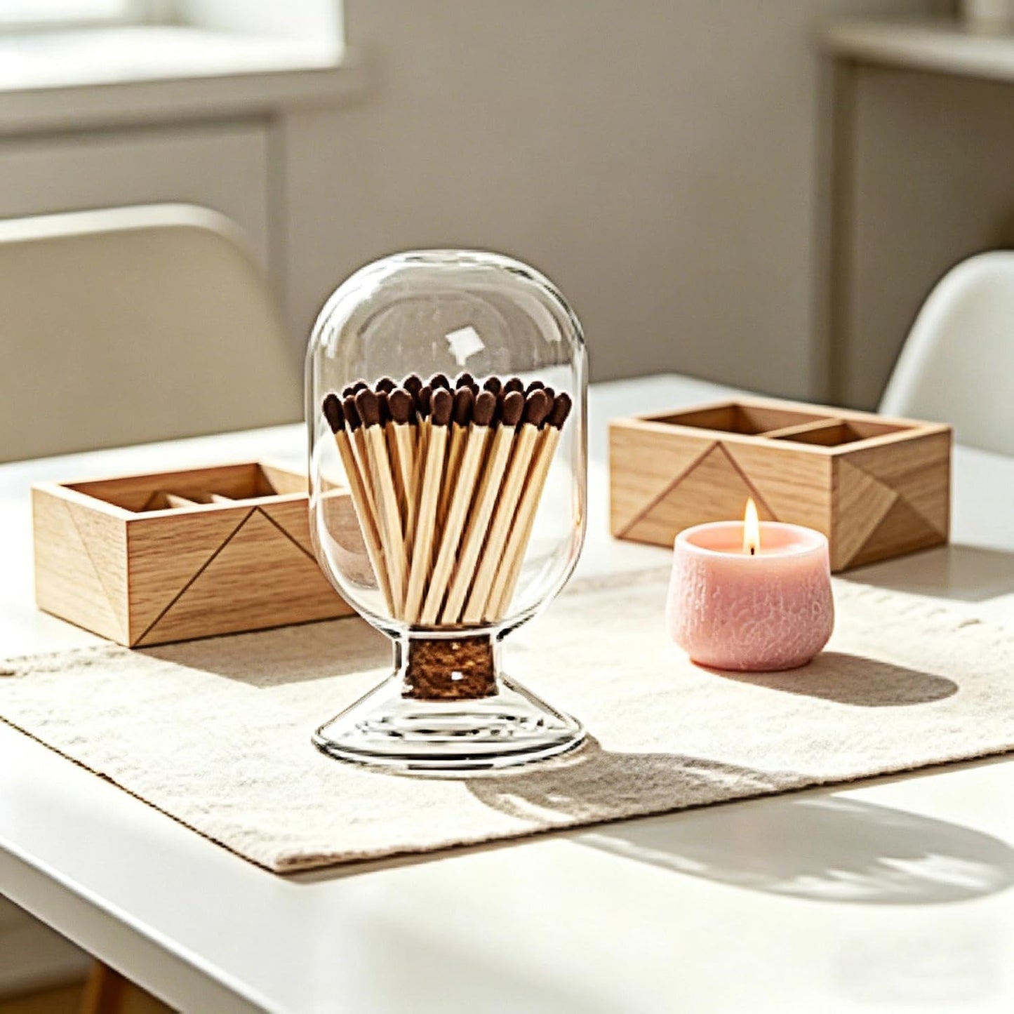 Glass Match Holder with Cork Lid, 2.87" x 5" Airtight Match Holder for Candles, Complete Matches Storage Jar for Fireplace, Decorative Coffee Table Decor, Housewarming Gift (Matches NOT Included)
