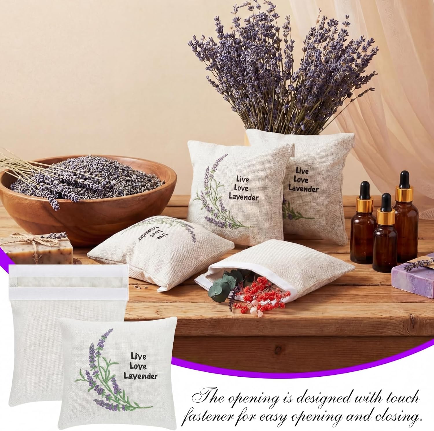SATINIOR 6 Pack 6 x 6 Inch Embroidered Lavender Sachet Bags Sachet Empty Bags with Hook and Loop Fasteners Cotton Linen Pouch for Filling Spice Jewelry for Wedding(Beige,Novelty)