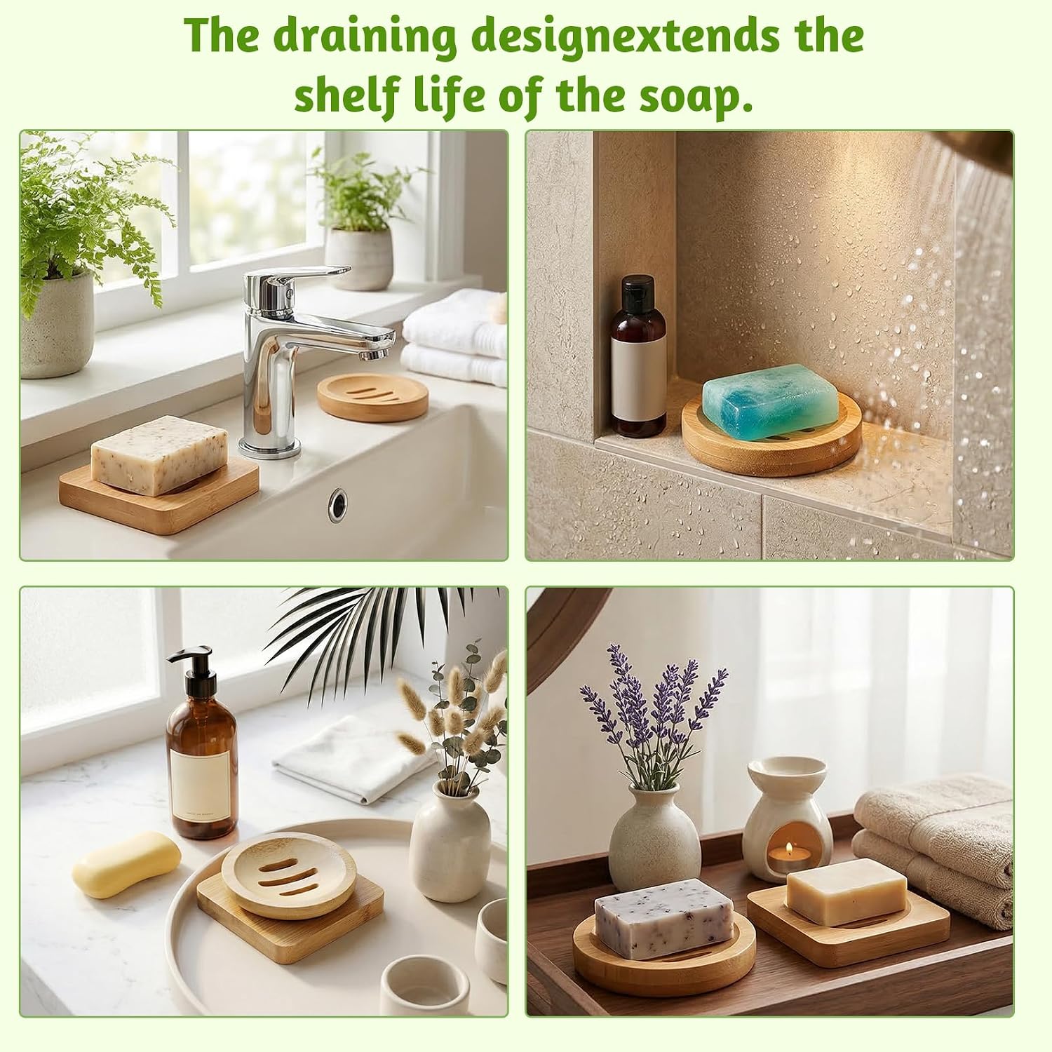 2 Pcs Shower Steamer Holder, Bamboo Soap Dish, Bamboo Soap Holder Wooden Soap Dishes for Shower, Bar Soap Holder with Self Draining Tray for Kitchen Bathroom Accessories(Round and Square)