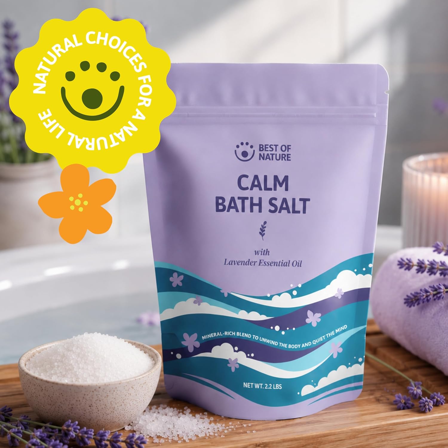 Best of Nature Calm Epsom Salt Bath Soak with Lavender Essential Oil, Mineral-Rich Bath Salts, Resealable Bag, 2.2 lb