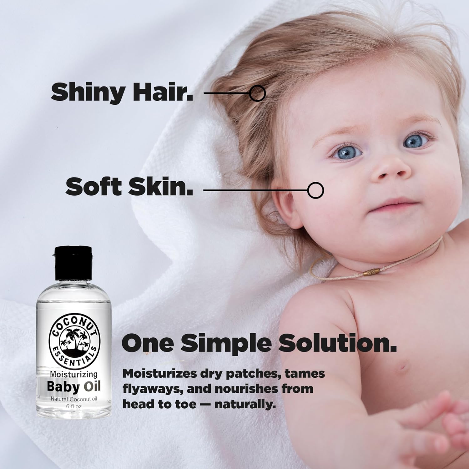 Coconut Essentials BABY OIL - Liquid Coconut oil (MCT) - No Mineral oil - Unscented Moisturizer - Infant & Newborn - Massage, Scalp Sensitive Skin, Eczema & Dry Skin Relief - Fragrance Free (6oz)
