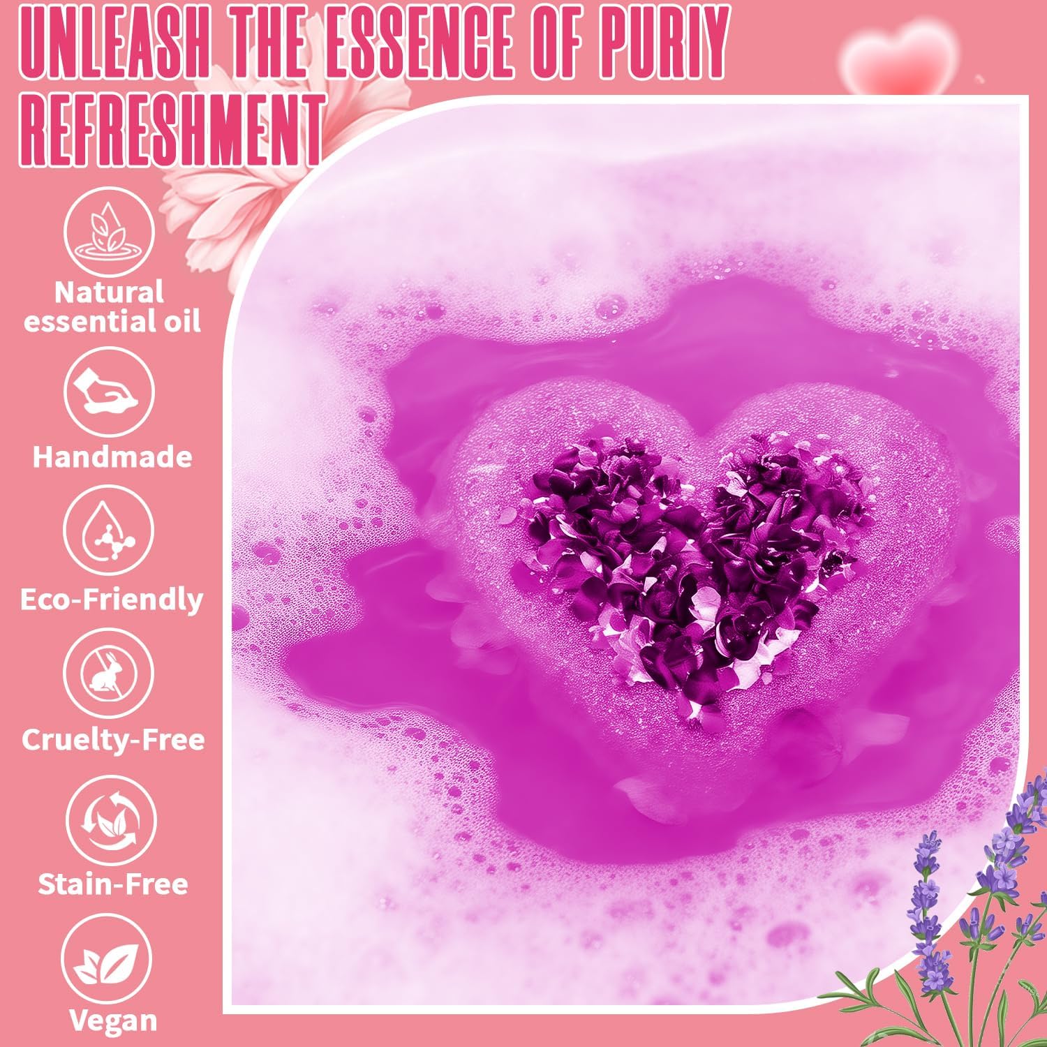 Lavender Bath Bombs for Women, XXL Organic Heart-Shaped Handmade Bath Bomb Fizzies with Lavender Essential Oil, Teacher Appreciation Gifts for Wife, SPA Relaxing Self Care