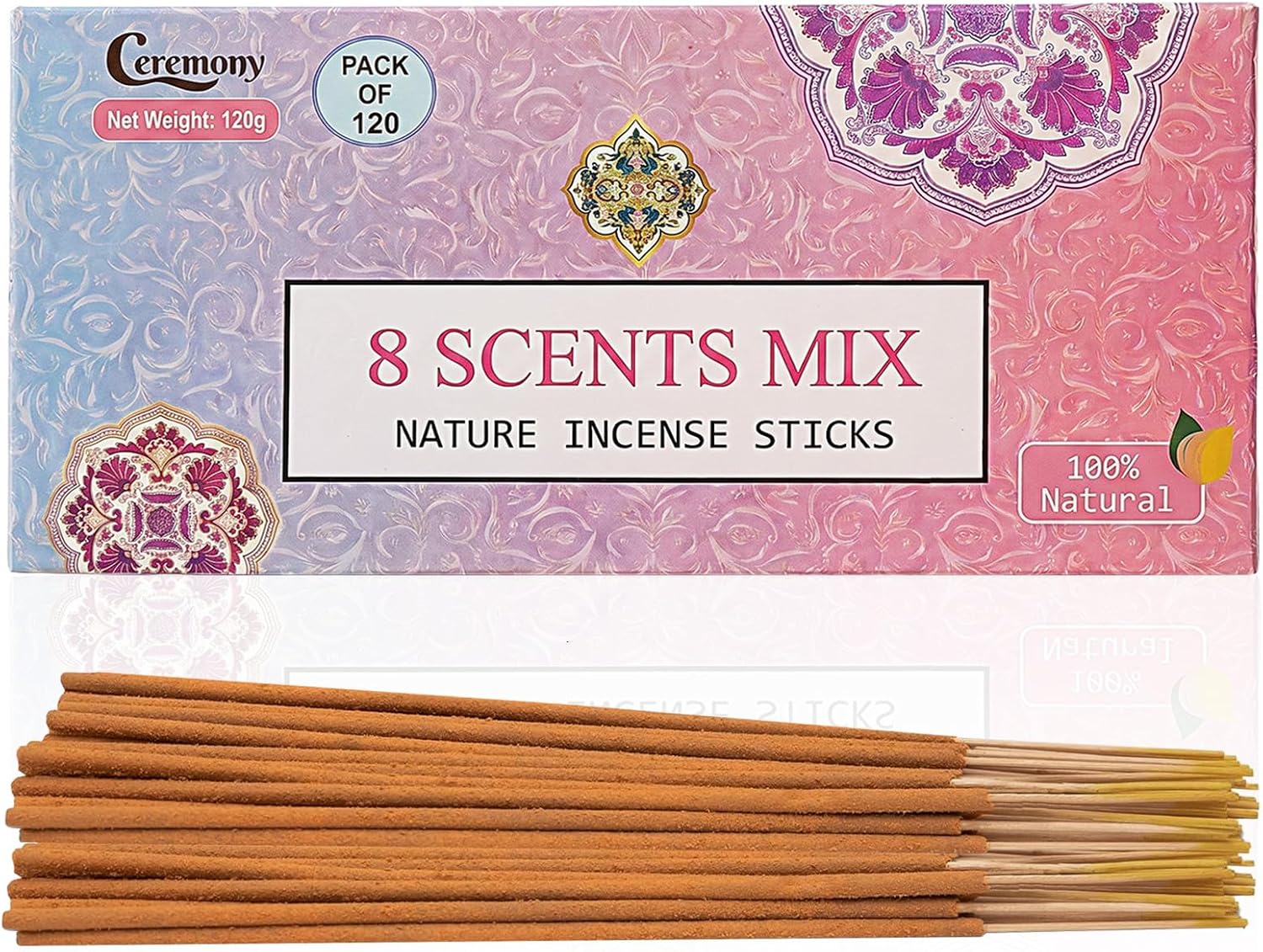 CEREMONY 8 Scents Incense Sticks, 8 in 1 Mix Incense,120 Stick Incense for Mediation,100% Natural-Handmade for Yoga, Organic-Chemicals-Charcoal-Free Purification-Relaxation