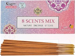 CEREMONY 8 Scents Incense Sticks, 8 in 1 Mix Incense,120 Stick Incense for Mediation,100% Natural-Handmade for Yoga, Organic-Chemicals-Charcoal-Free Purification-Relaxation
