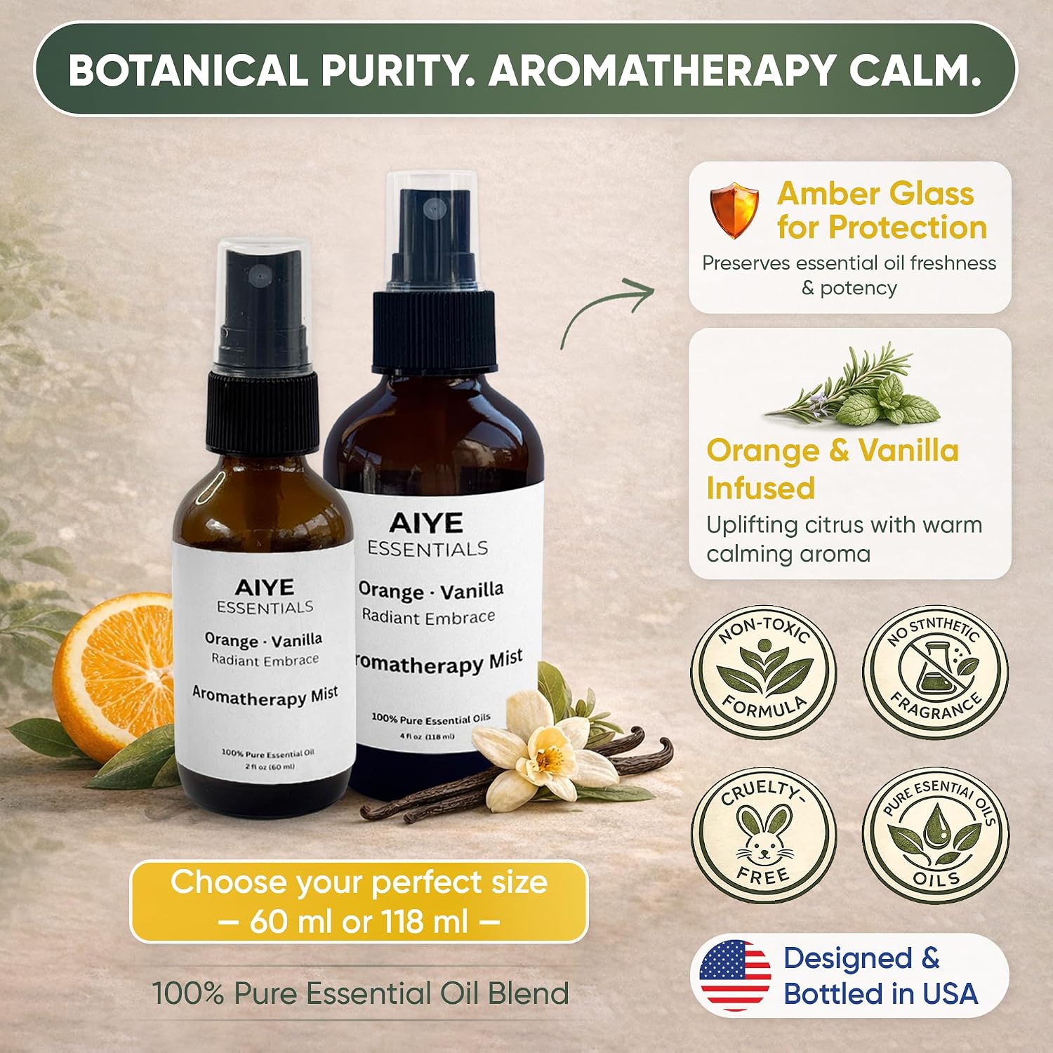 Aiye Essentials Orange Vanilla Aromatherapy Room & Linen Spray, Non‑Toxic Essential Oil Fabric Mist, 4 oz