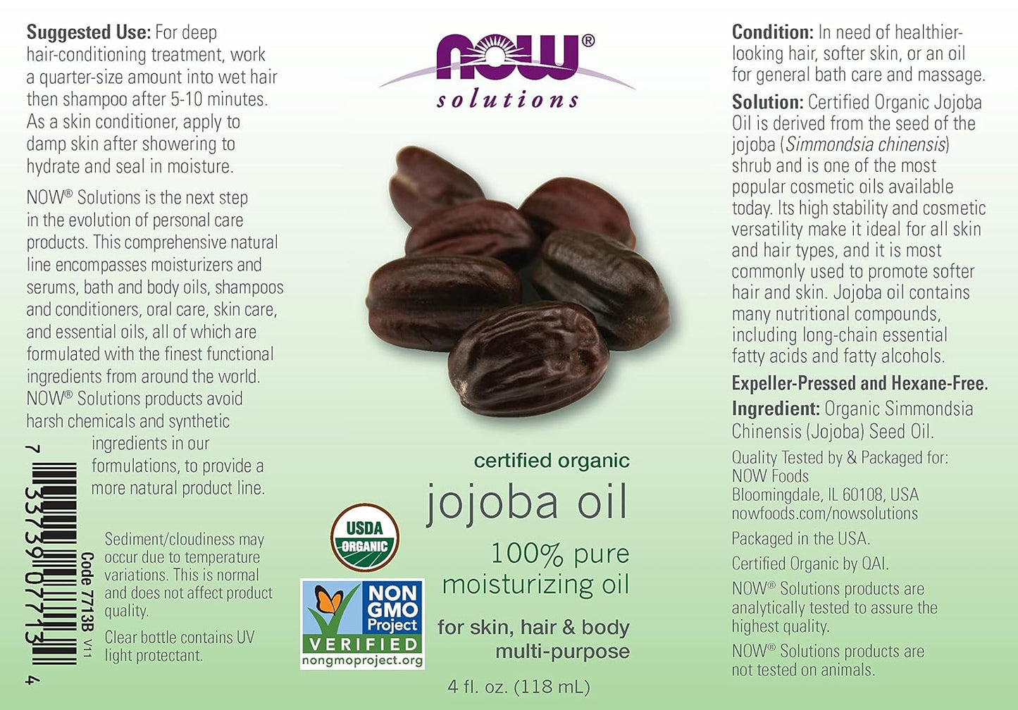 NOW Foods Solutions Certified Organic Jojoba Oil, 4 oz Liquid